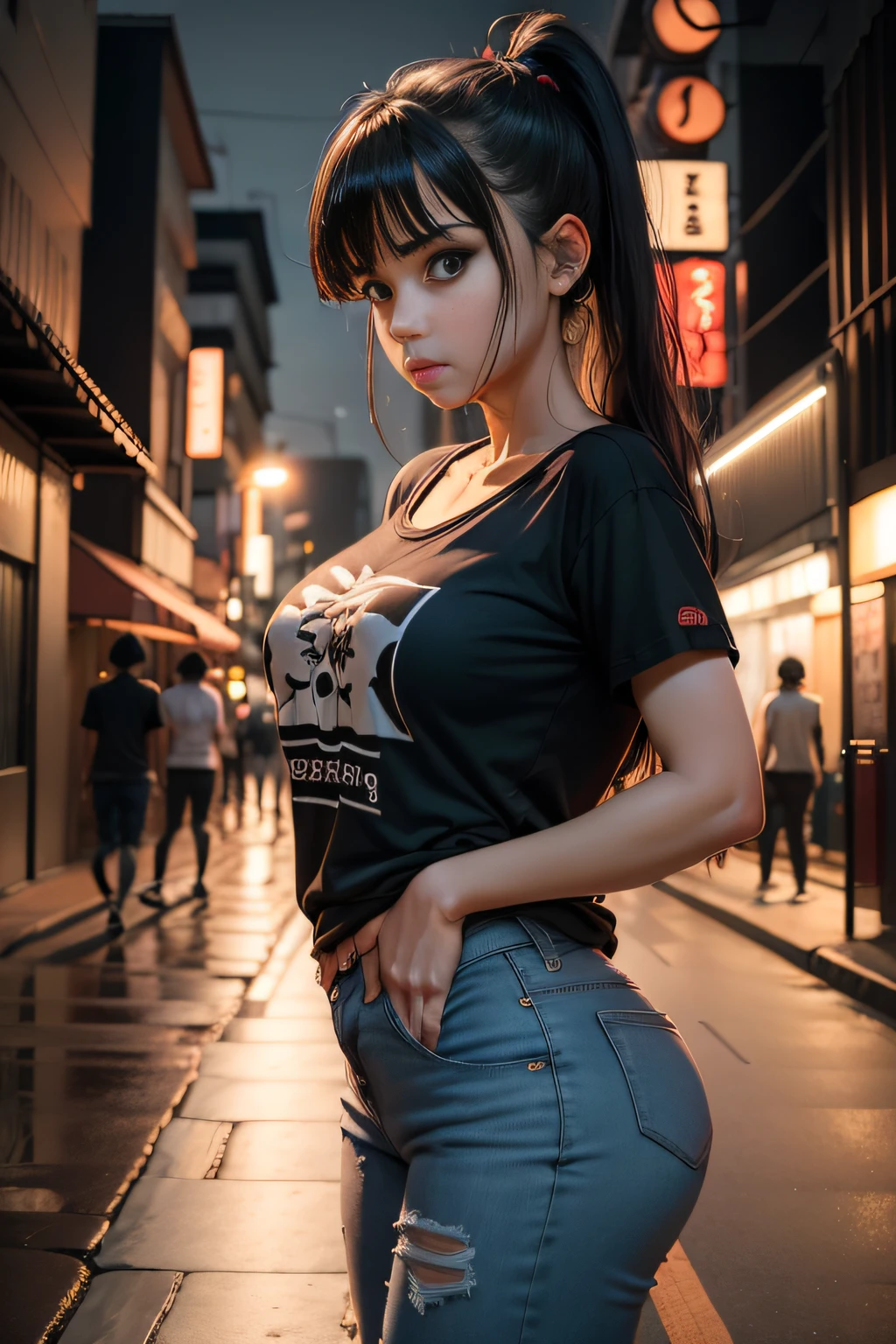 Mulher , sozinha, indefesa, chorando , fear expression, Noite chuvosa, camiseta rasgada branca , seios pequenos , jaqueta couro , short jeans rasgado aberto na frente , standingn, Pose sedutora, duas coxas exageradas, heavy breathing, fear expression , Ruas de Tokyo de noite, beco escuro , 4k