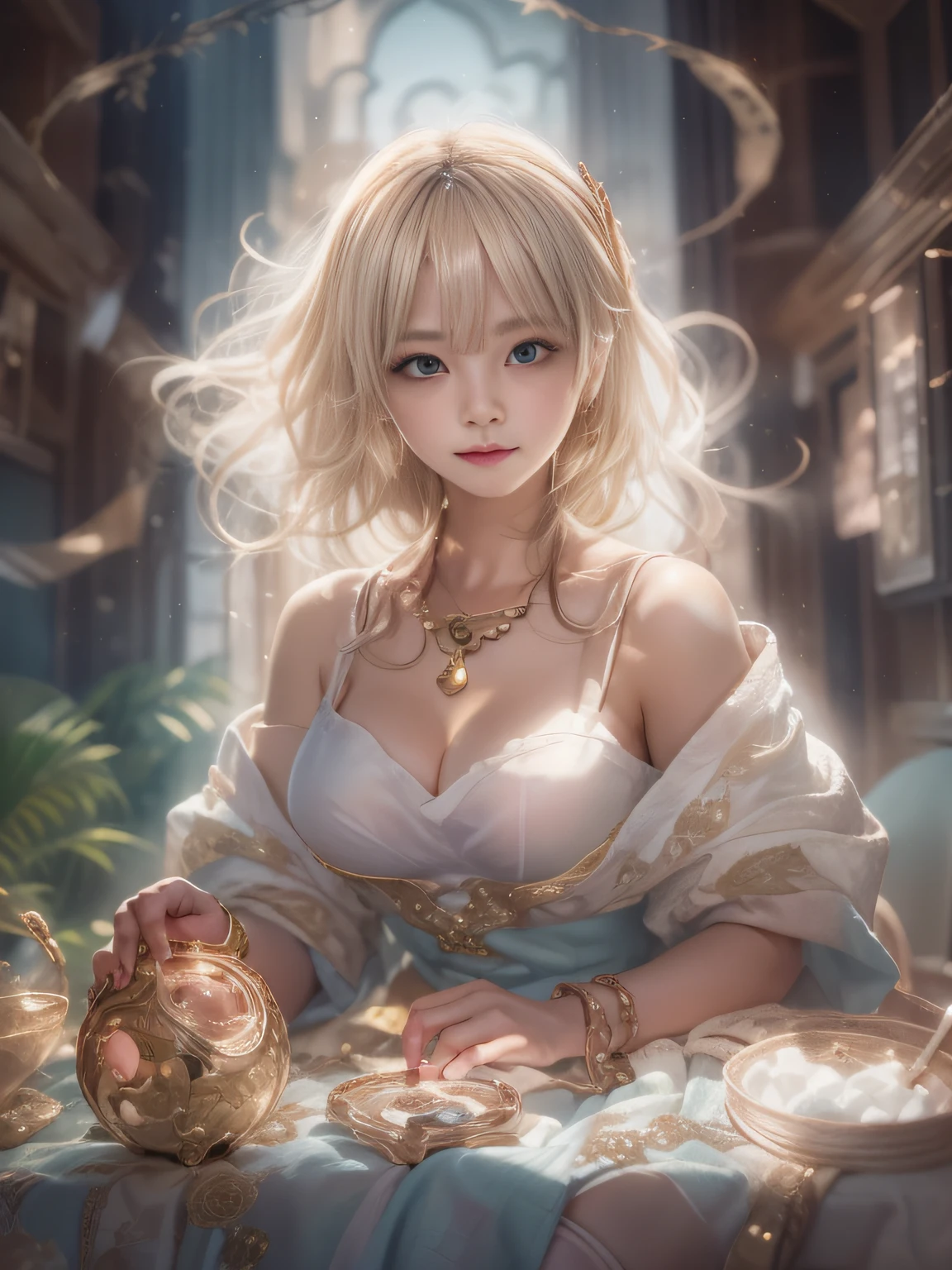 Blonde woman sitting at table in golden white dress, Tokusatsu Heroine, Mysterious Woman,Gemstones and Hoop Crowns,Mysteriously glowing necklace,White cloak,Mysteriously sparkling jewel bangles，He holds a mysterious wand in his left hand，Soft lighting, guweiz, artwork in the style of guweiz, ig model | ArtGerm, A seductive anime girl, Anime girl cosplay, guweiz on pixiv artstation, wlop and sakimichan, range murata and artgerm，((Cool color makeup，Lowered eyebrows、Whitening effect，thin and thin eyebrows，eye bags，Ephemeral Girl，A look tinged with joy))，Very soft lighting，Eight-headed body，light glow，Film grain，Expro II，Lens Flare，Sharpen，cinematic shadow