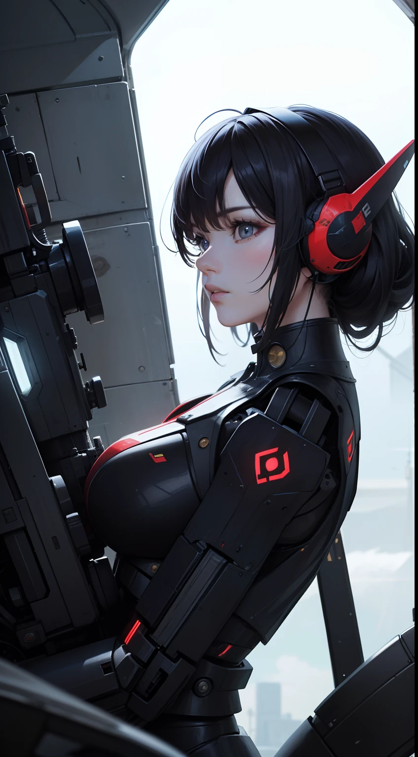Highest quality，Outstanding details，Ultra-high resolution，（Fidelity：1.4），The best illustration，Favor the details，close up，A mech girl，He has a delicate and beautiful face，（（Red and white semi-mechanical body：1.8）），Sexy，Cleavage，Black Ninja Mask，side，Cyberpunk，Futuristic，Mechanical aesthetics，Complex machinery，The background is a high-tech lighting scene in the future city，Unreal Engine 5，Perfect detail rendering，Octane Rendering，Ultra HD