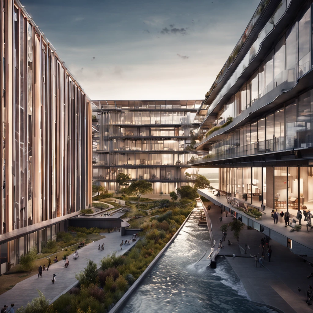 Create a building in pilotis, com 10 metros de altura e 30 metros de comprimento no estilodo arquiteto Renzo Piano