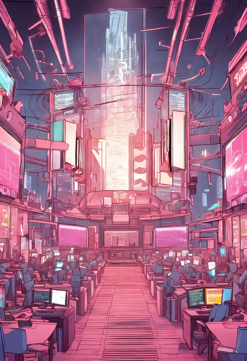 cryptocurrency、white  hair、volume illumination、glowing headphone、White and pink trade room、bitcoin、Ethereum、Charts displayed on the monitor、trader、