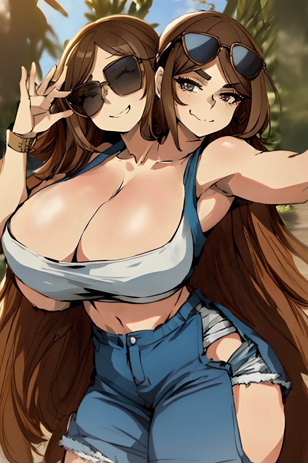 2heads, a short fat woman with 2 heads. She has extremely huge breasts. She is outside in a park on a sunny day. She is wearing a pink crop top and jean short. She has straight long brown hair. She is wearing sunglasses. She has gigantic breasts. She is extremely short. She is extremely fat. She is touching her breasts. She is showing off her gigantic breasts. She looks smug. She is fat and short. Her breasts are gigantic.