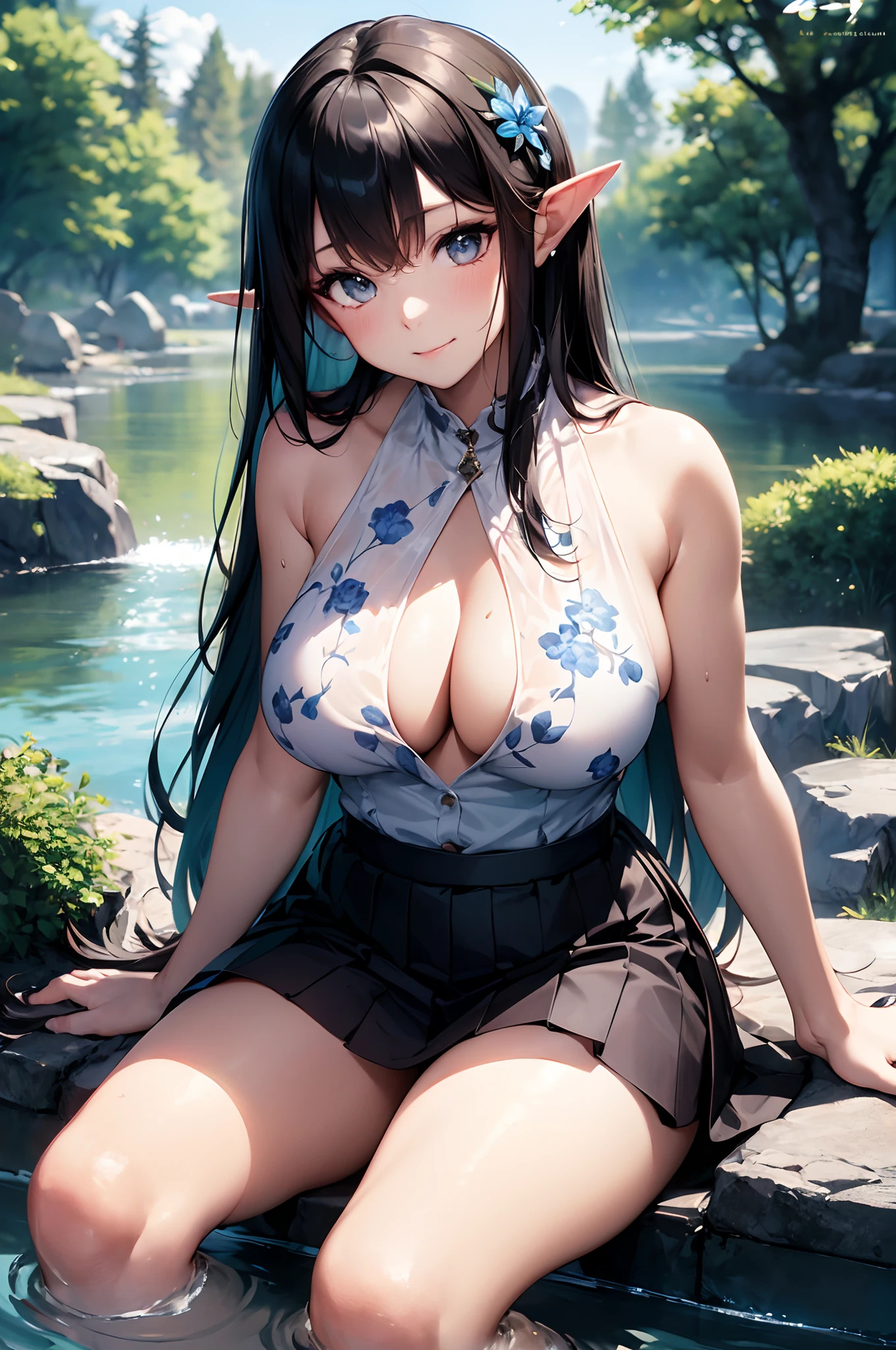 Big breasts, (best quality)), ((masterpiece)), (detailed), ((beautiful elf, solo, ethereal beauty)), fantasy illustration: 1.5), enchanting look, supernatural charm, mystical sky ((black hair, white streaks)) ((straight hair)) perfect eyes, has an extremely sexy body, with big breasts and a thin waist, and an extremely sexy body, colorful printed top blouse, blue flower printed pleated skirt has a bold look with flower details on the outfit. young, quality, realistic, best quality, shy smile, cute expression, stones, natural light, magical environment, dark sky, stream, trees, sitting on rock, water touching feet