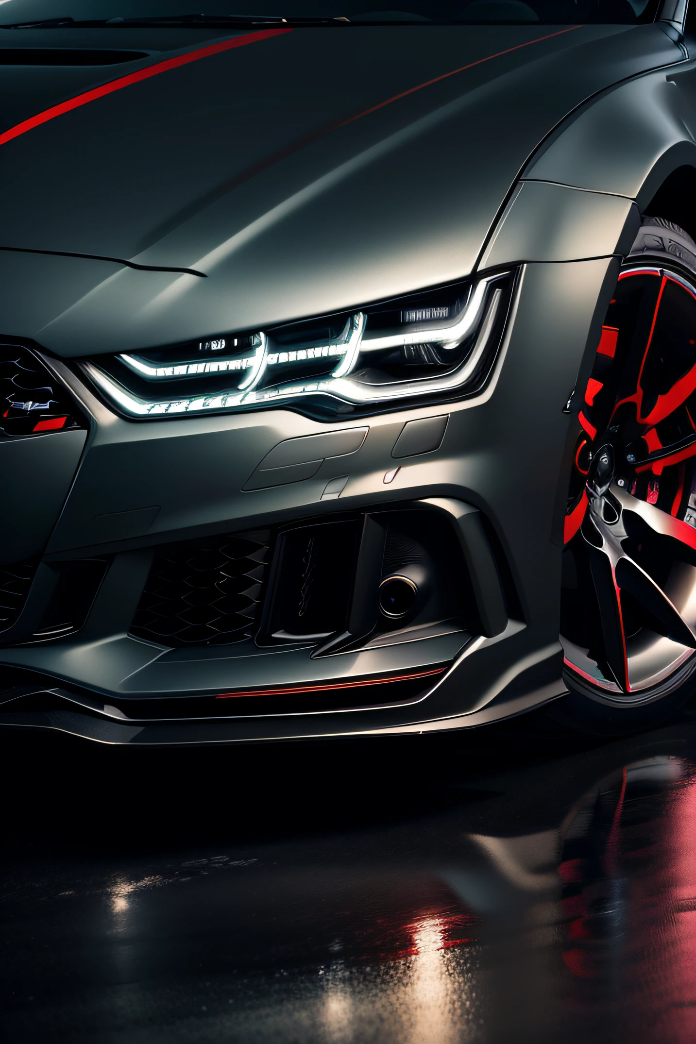 8K photo dark and gloomy, Audi rs7 car, the night, Detailed Face, Detailed, (Vibrants, foto realista, Realistic, dramatic, Dark, sharp-focus, 8K), wet floor, reflection, Sateen, zipper, LED headlight, The light is on