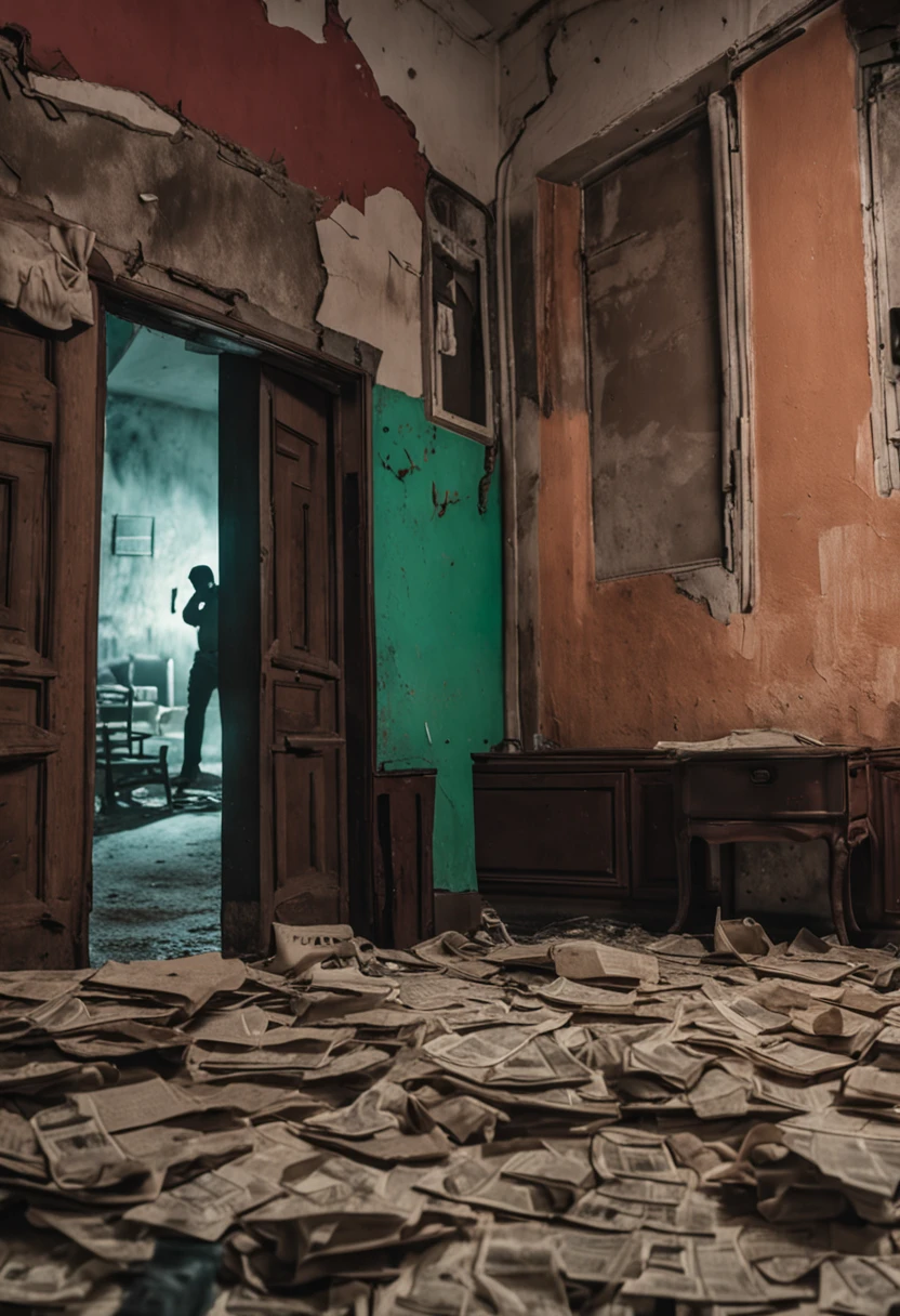 historyboard de uma cena de uma sala vasia com varios papeis colados em um quadro na parede sobre o caso varginha em 1996, And as the camera pans away from the frame we can see a man fleeing in a hurry placing various objects of his investigation in it and soon after the police breaking down the door