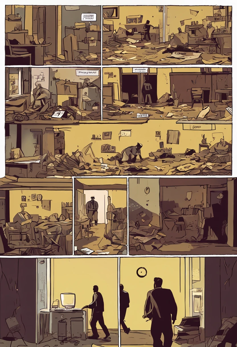 historyboard de uma cena de uma sala vasia com varios papeis colados em um quadro na parede sobre o caso varginha em 1996, And as the camera pans away from the frame we can see a man fleeing in a hurry placing various objects of his investigation in it and soon after the police breaking down the door