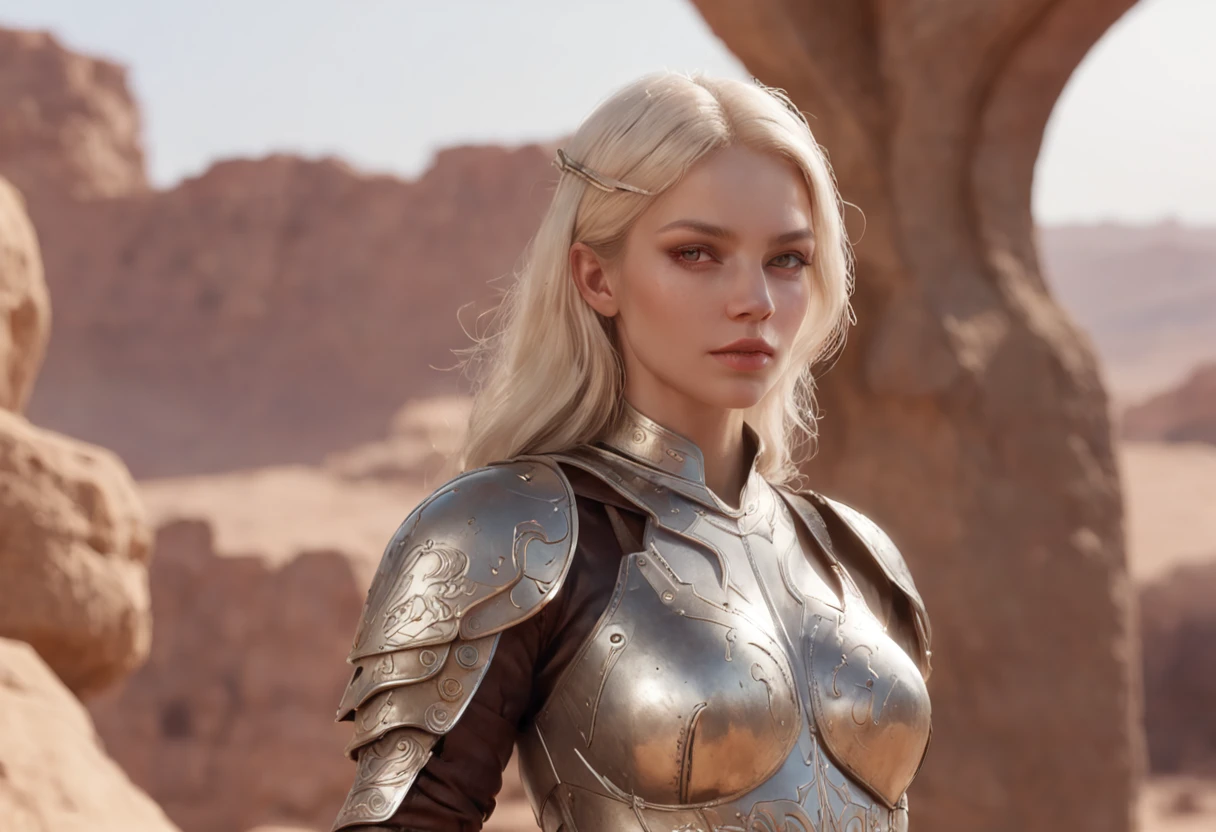 Blonde woman in armor posing in a desert area, Arte de fantasia hiperrealista, Art not Guweiz style, fanart melhor artstation, arte de fantasia realista, deviantart artstation cgscosiety, O melhor da artstation, Alexandra Fomina Artstation, uma guerreira loira sexy, Artgerm extremamente detalhado, 2. 5 d cgi anime fantasia arte |