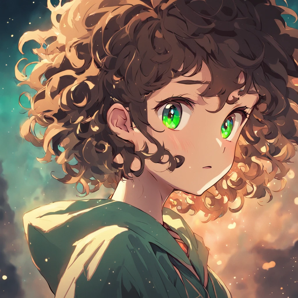 A logo for a YouTube channel a child curly brown hair calcasiana with green eyes who likes to explore colors on background cartoon style