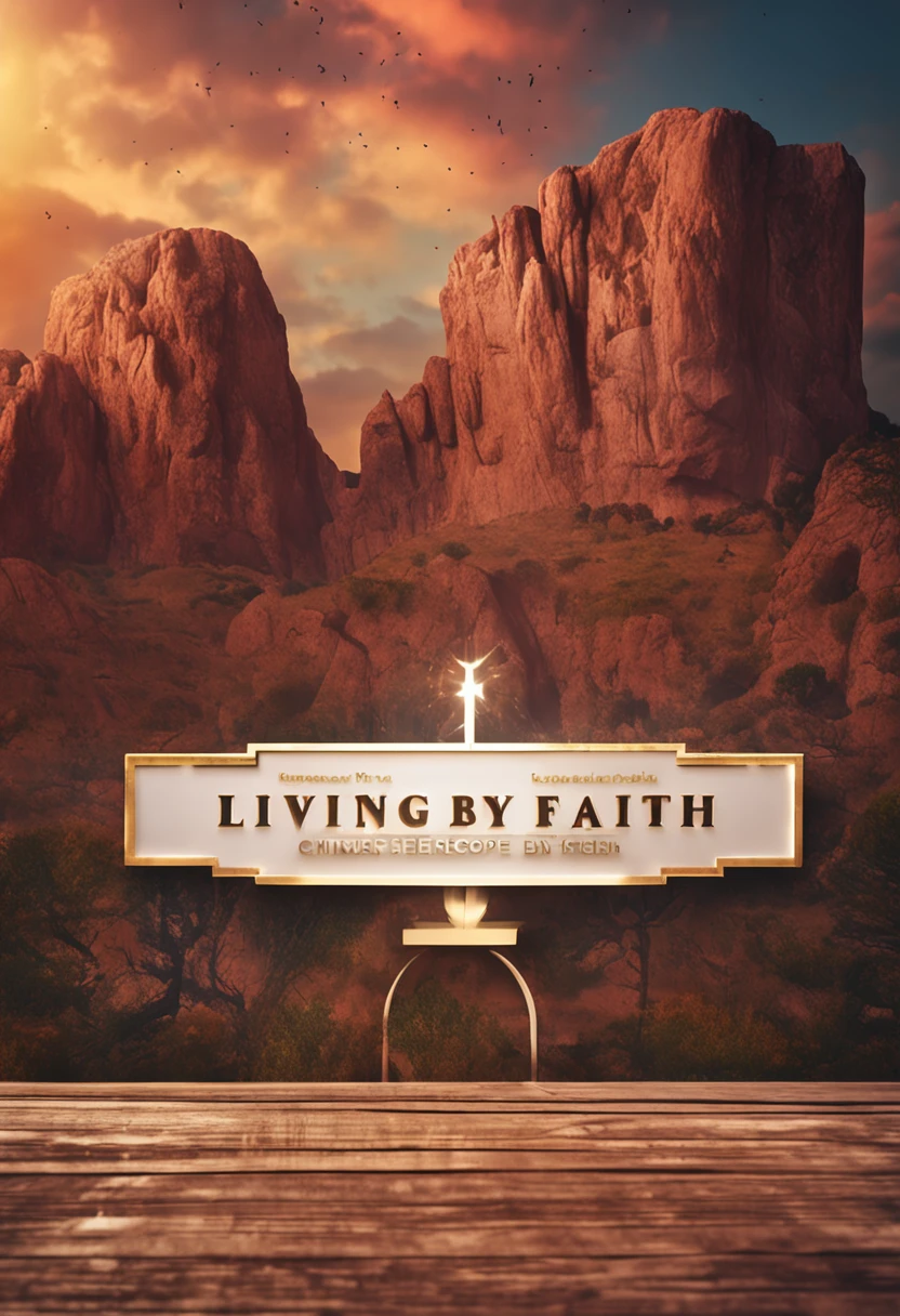 logotipo escrito "Living by faith" with theological symbols, 3d, 4k
