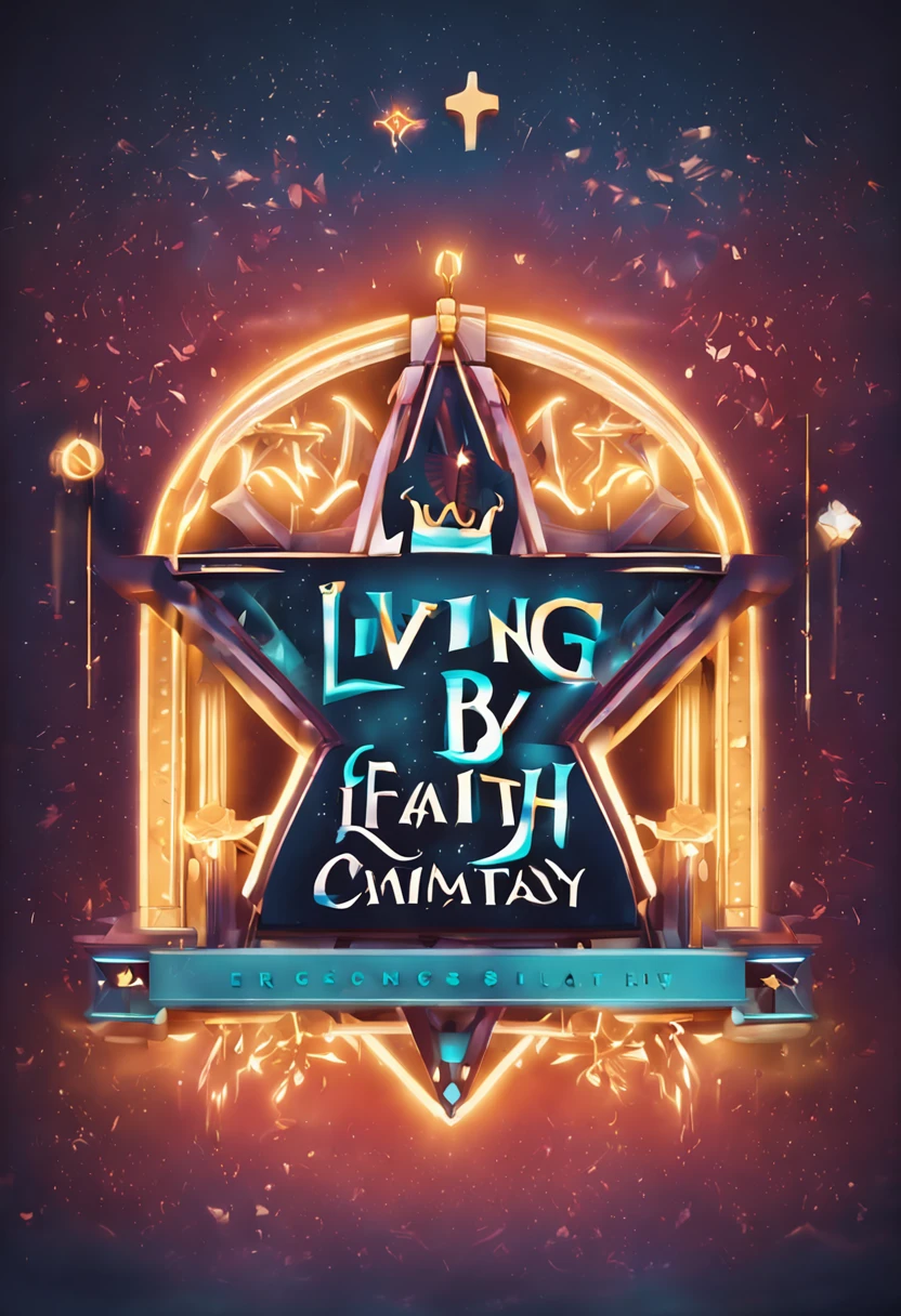 logotipo escrito "Living by faith" with theological symbols, 3d, 4k