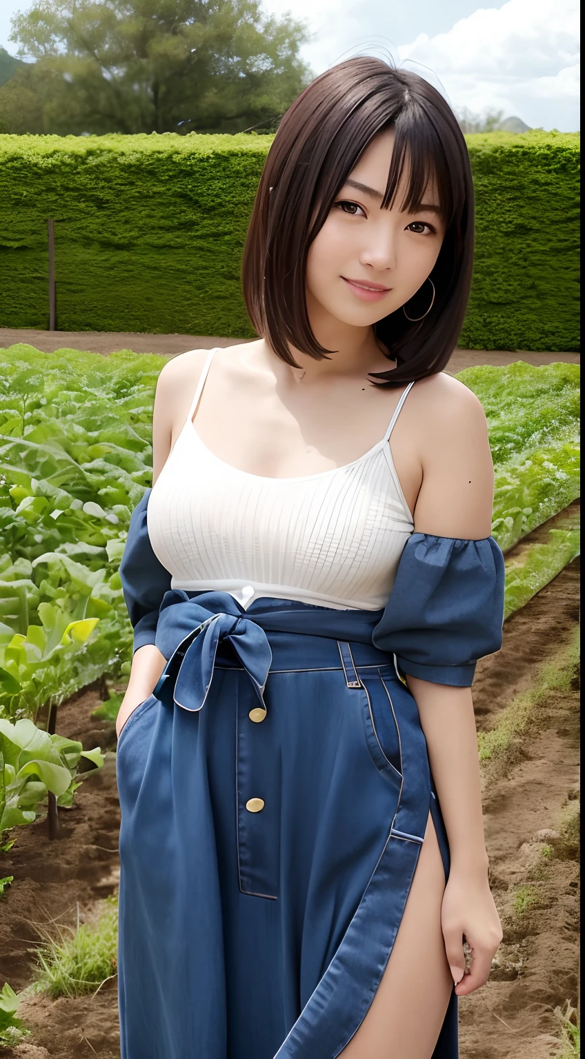 8k,high quality,high resolution,One woman,smile,(tall),whole body,Big Breasts,muscle,Cleavage,young woman,Japanese,smile,Bobcut,Large sagging breasts,yukata:1.8,Blue hydrangea,Red hydrangea,back,,,