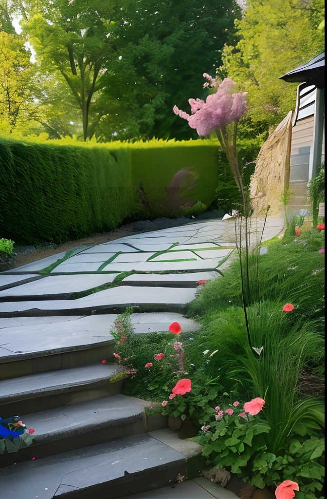 Woman, look at viewr, french braid hair , Flower Holter Dress, cleavage, Garden landscape design, (Rim Light)