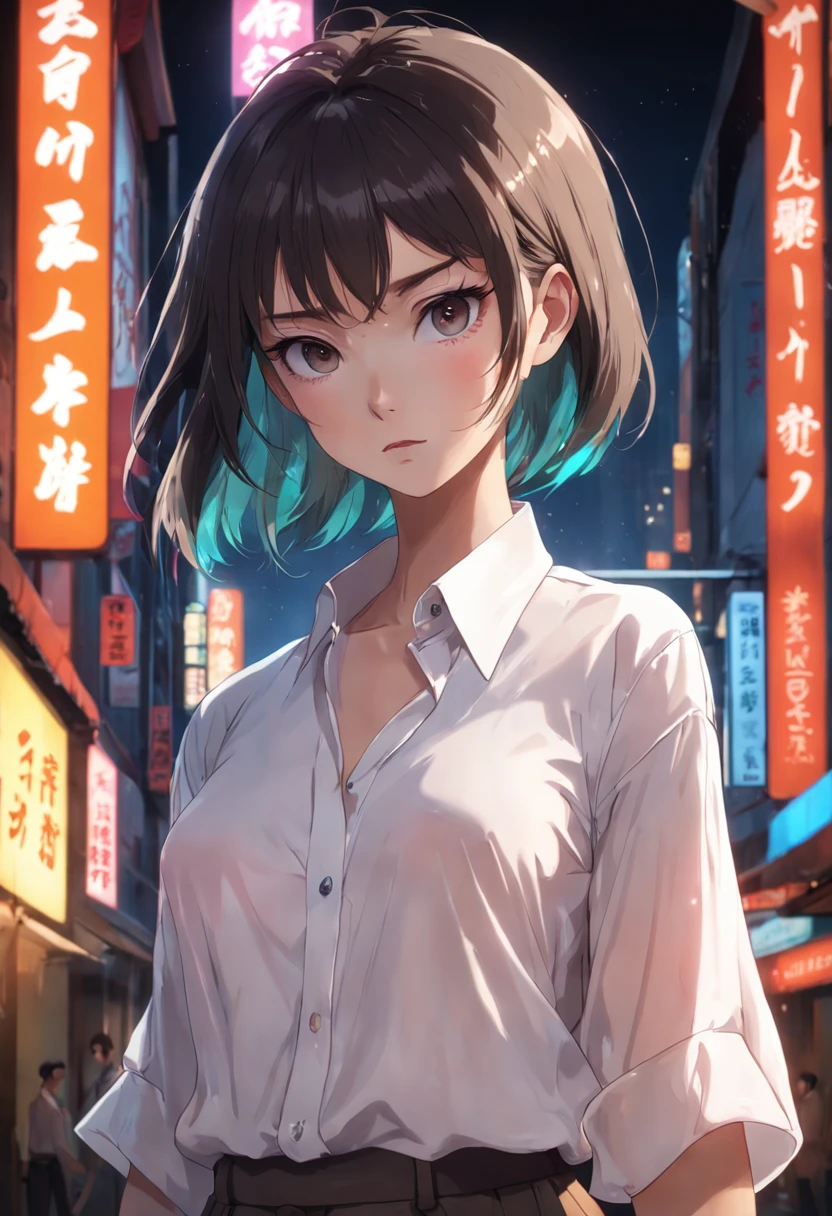 there is a woman standing in front of a sign that says sushi, soft portrait shot 8 k, 8 k sensual lighting, inspired by Cindy Sherman, clothed in white shirt, open shirt, soft lighting 8k, hair floating covering chest, curtain bangs, put on a mannequin, wearing a blouse, wearing in shirt, wearing a light shirt, soft volumetric ligh