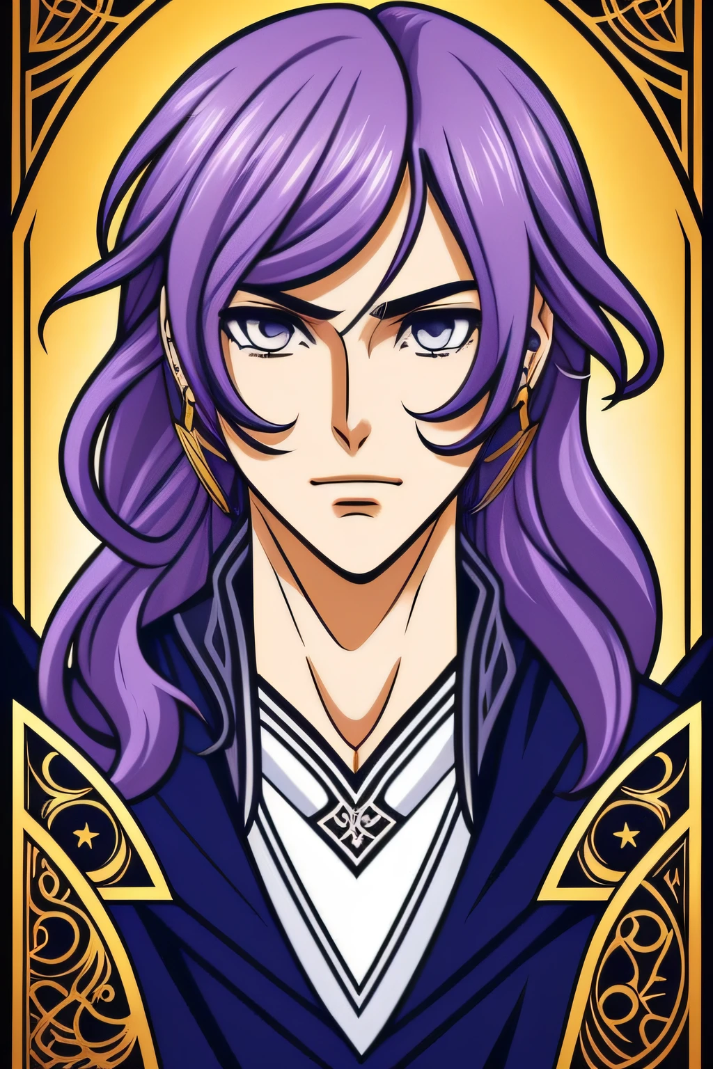 Crie uma carta de tarot tendo como paleta de cor preto e dourado no fundo e estilo de art nouveau. O personagem masculino ao centro sendo um jovem adulto, de grande envergadura, claramente bem alto e forte, sua pele sendo clara e levemente rosada, her eyes being small and sharp with lilac irises of the same color as her hair. Cabelo esse que tem o comprimento ate os ombros, liso e que uma mexa passa pelo rosto, lembrando o personagem Murasakibra Atsushi de Kuroko no Basket. This character wears a black suit with lilac, luvas pretas que seguram uma bola de basquete. Tarot, art nouveau, dourado, lilac, cabelo longo, personagem masculino, Murasakibara Atsushi, Kuroko no basket