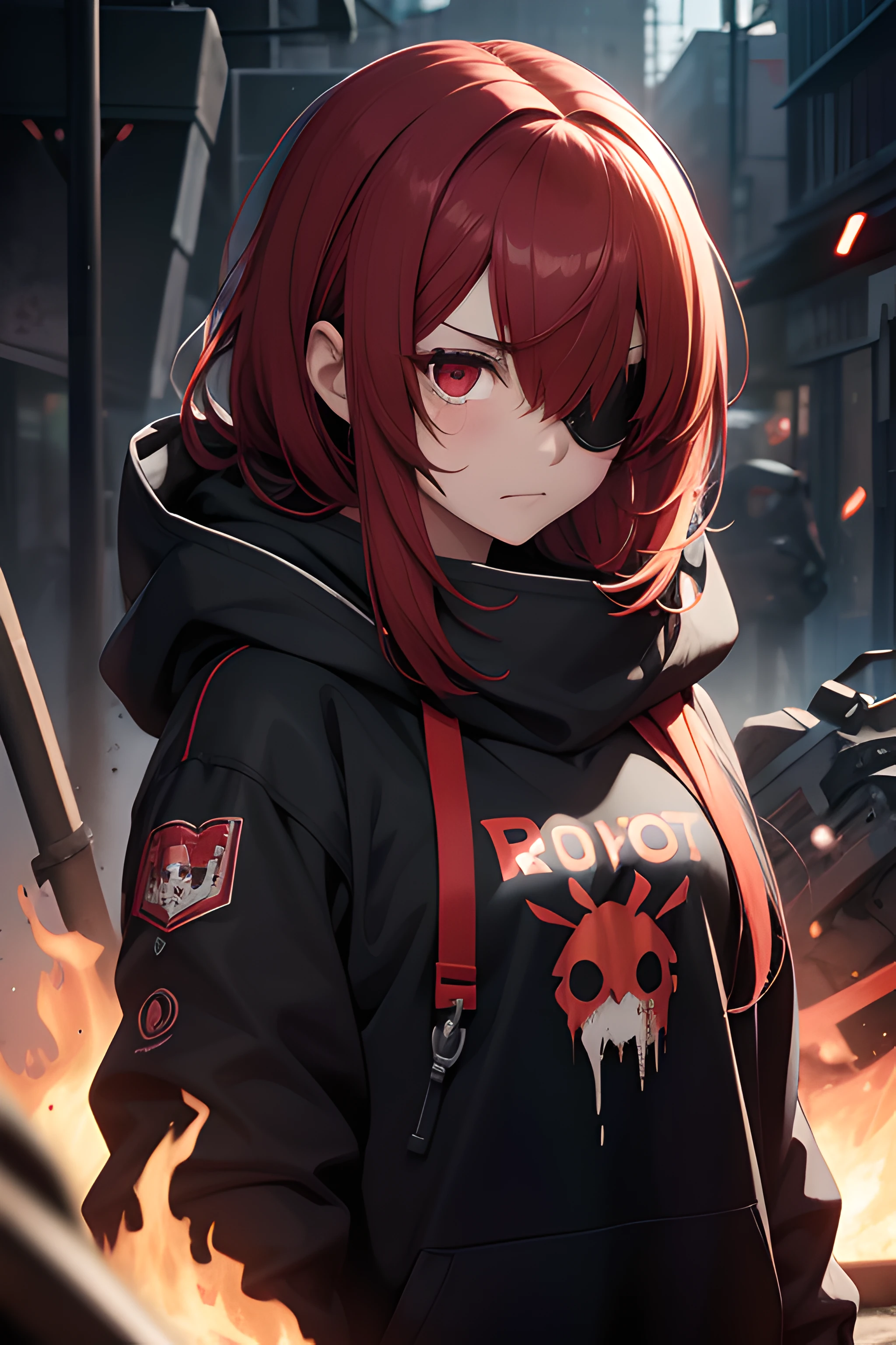 1 girl, bangs, red hair, red eyes, robotic sleeves, sad, covered eye, covered eye, right eyepatch, metal scarf around neck, high resolution, black sweatshirt, long sleeves, look to the right, punch, slight smile, solo, straight hair, upper body, hooded jacket, set in fire, tears of blood, bathed in blood, crab prints