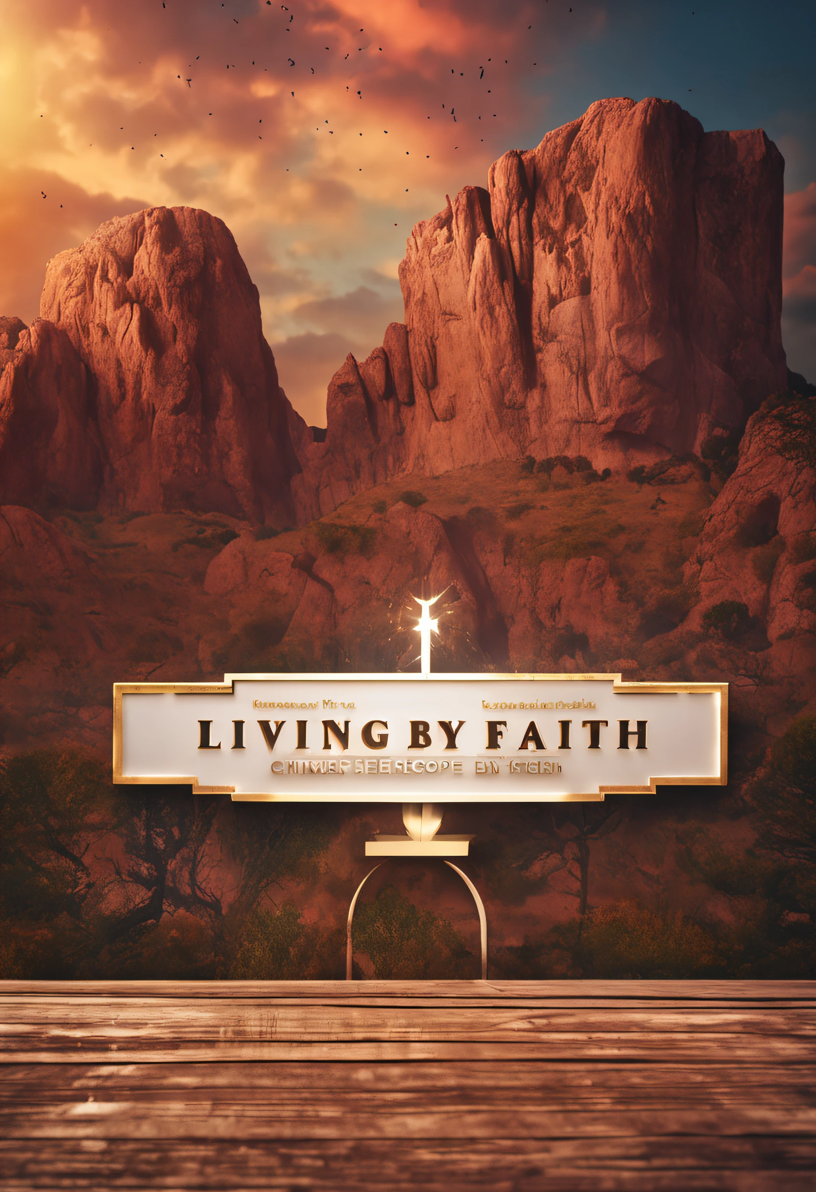 logotipo escrito "Living by faith" with theological symbols, 3d, 4k