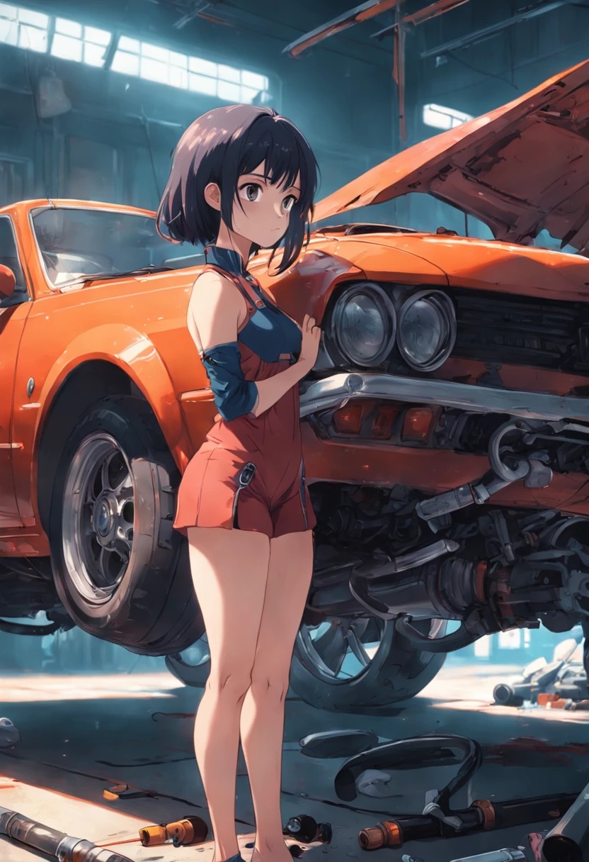 <lora:tsukumizuAva_v10:1>, <lora:avas_jun_07-03--tsukumizu_yuu_005-095--ham_rifl_09-01:1>, sketch, tsukumizu yuu \(style\), line art, solid colors, 1girl, ahoge,car, cigarette, smoking, cigarrette in mouth, expressionless, full body, garage, hair ornament, indoors, overalls, overalls around waist, leaning back, leaning on object, looking away, mechanic, motor vehicle, oil can, dirty skin, large breasts, cleavage, short hair with long locks, solo, tank top, tire, tools, traffic cone, wrench