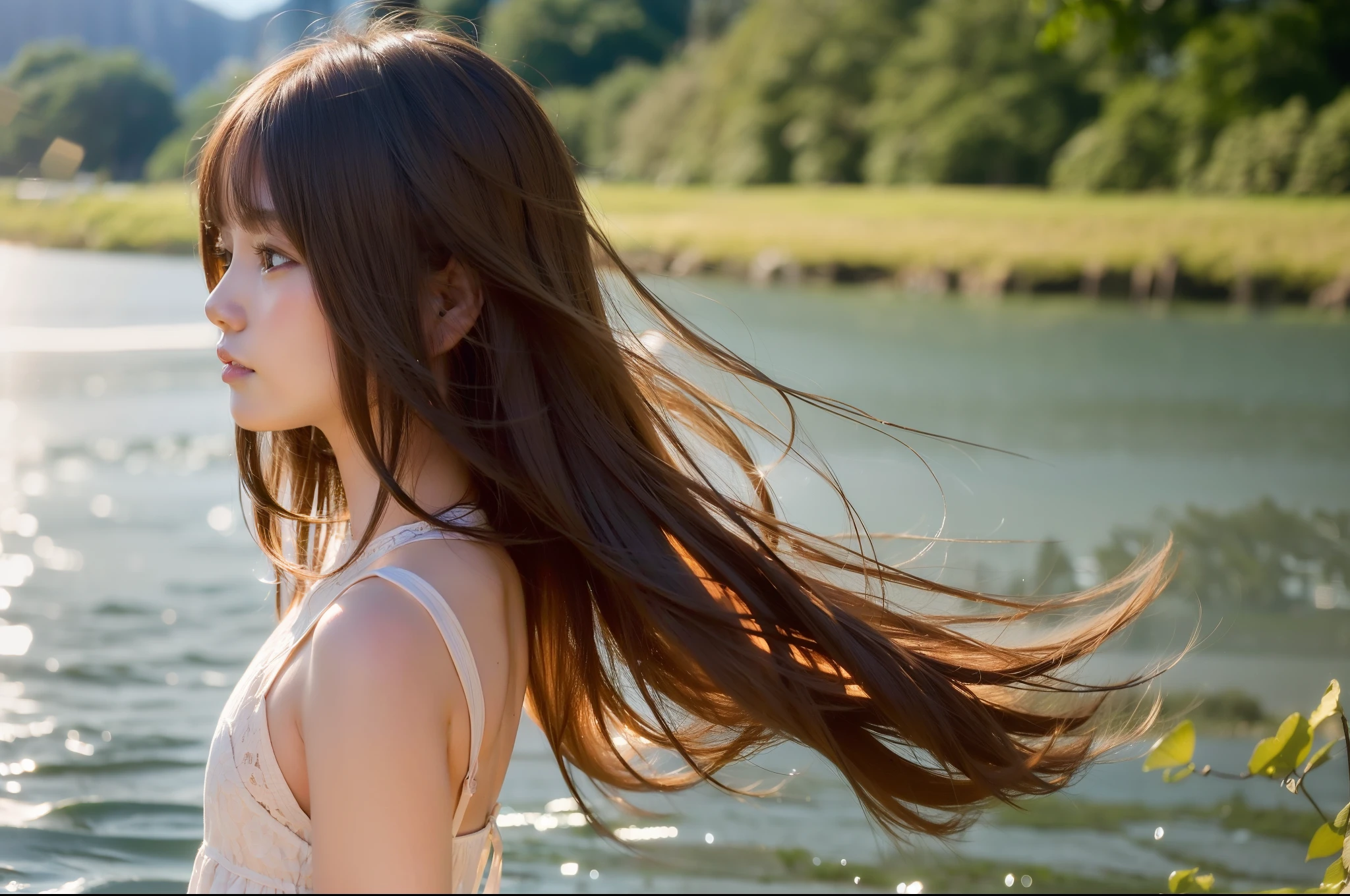 ((((fully body photo))))))、((((Backlight of the rising sun))))、(((((dark beige hair)))))、(((((Hair fluttering in the wind)))))、((lensflare))、((Wear sober clothes))、A big smile、((((profile))))、(((Facing up)))、(((Stand in the center of the lake)))、((Beautiful ripples))、((The soft morning sun is shining))、masterpiece、top-quality、Raw foto、Photorealsitic, beautiful a girl, cute little, shorth hair, (((depth of fields))), hight resolution, ultra-detailliert, finely detail, ighly detailed,、Cinematic lighting、Hair Models