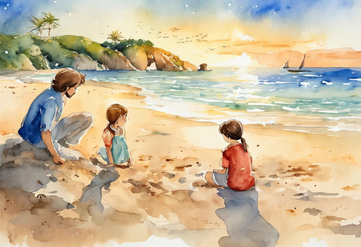 Surrounded by the golden hour glow, a father stands tall, gazing out at the ocean as his two twenty-year-old daughters build sandcastles with their five--old ther. The atmosphere is filled with warmth, peace, and contentment. The scene is rendered in a whimsical anime style, with vibrant colors, flowing lines, and a sense of childlike wonder captured by Studio Ghibli.