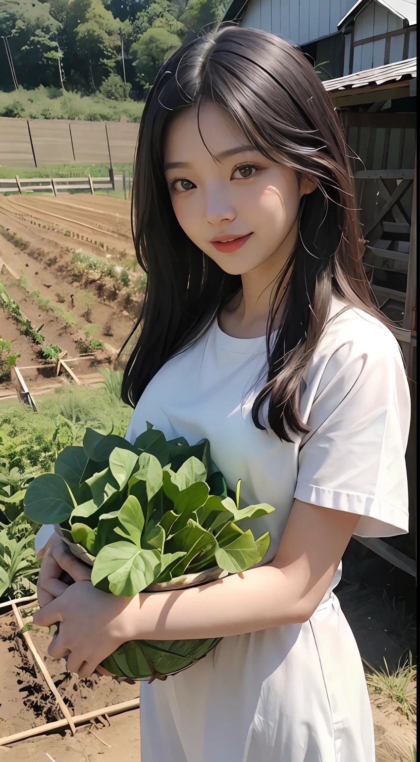 Japonesa a 21 anos, seios pequenos, olhos sensual sorrindo bonito, olhar frontal, cabelo curto,  Planting vegetables, alface, farm, rural, Campo rural, cenoura, couve, pepino, arroz, Beanstalk, batata, milho, tomate