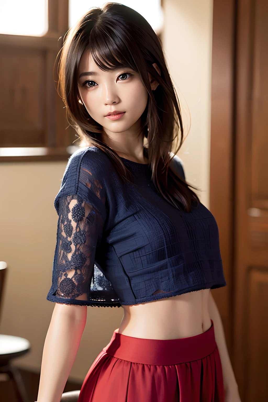 (8k、RAW photography、superior quality、masterpiece:1.2)、(realistic、Photorealistic:1.37)、ultra-detailed、超High-resolution、1 girl、see the viewer、detailed beautiful face、a smile、full body 3/ 4、Ultra mini skirt、Stops、PoneyTail、Beautiful navel、Beautiful bust、Constriction、(thin waist) :1.3)、The shirt、Beautiful and detailed skin、Skin texture、Floating hair、Profetional lighting、Medium chest、Soft eyes