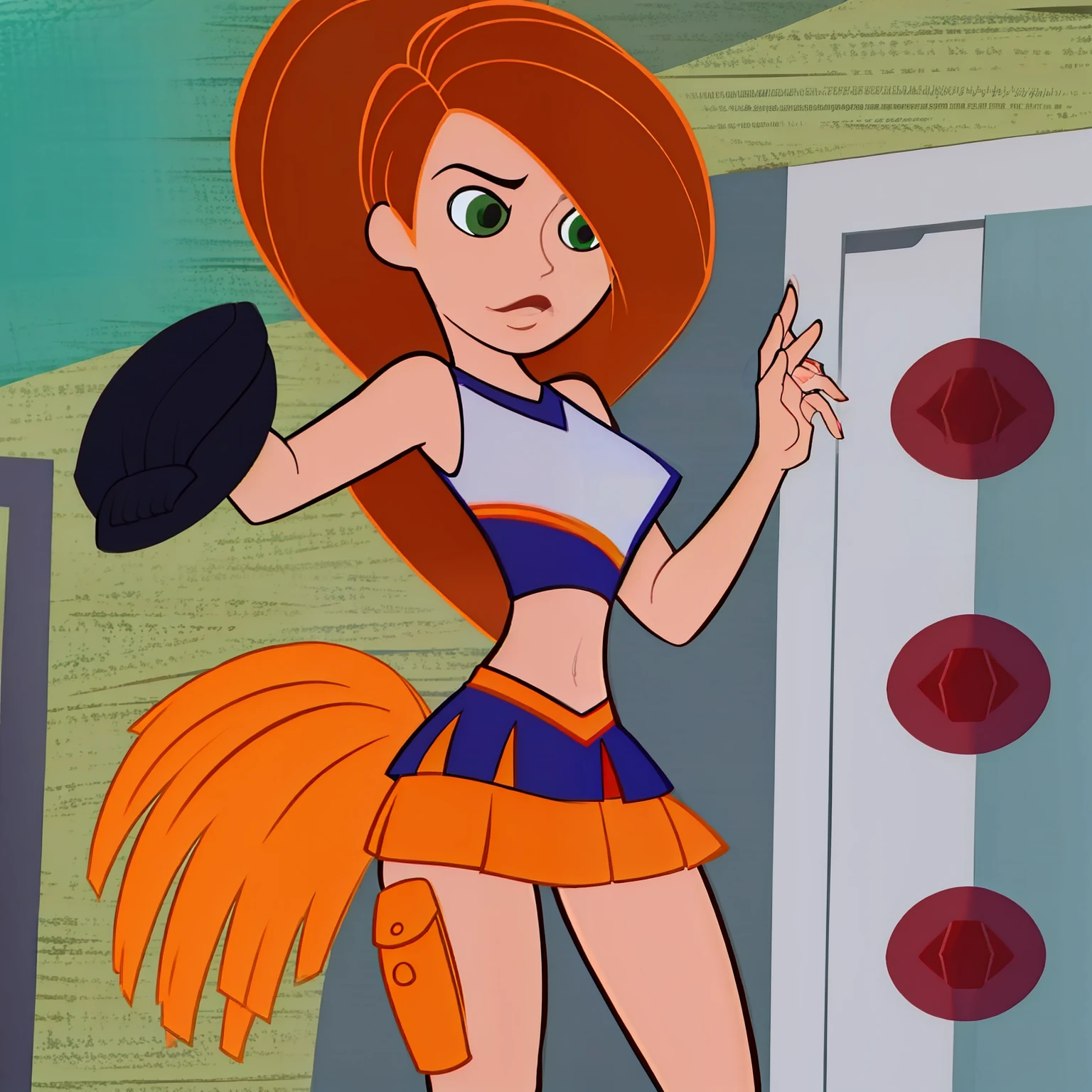 1girl, bare arms, bare shoulders, breasts, topless, armpit, jumping, spread legs, cheerleader, green eyes, highres, indoors, kim possible, kimberly ann possible, long hair, midriff, miniskirt, navel, nip slip, wardrobe malfunction, orange hair, pleated skirt, holding pom pom ,(cheerleading), ,too short pleated mini skirt, massive breasts, solo, slutty,pussy, nudity, slutty , one leg raised, kicking, large breasts, gigantic breasts, sagging breasts