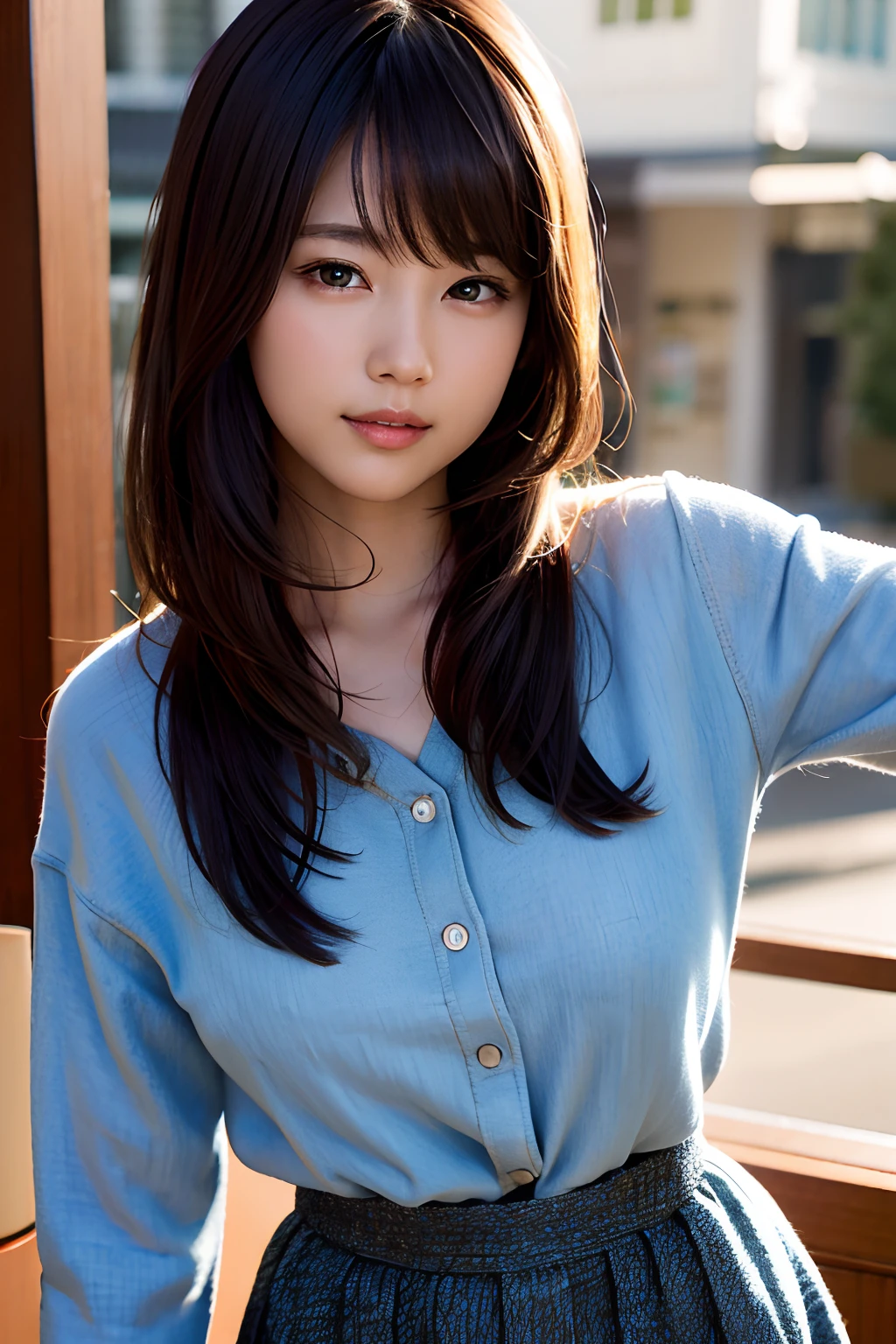 (8k、RAW photography、superior quality、masterpiece:1.2)、(realistic、Photorealistic:1.37)、ultra-detailed、超High-resolution、1 girl、see the viewer、detailed beautiful face、a smile、full body 3/ 4、Ultra mini skirt、Stops、PoneyTail、Beautiful navel、Beautiful bust、Constriction、(thin waist) :1.3)、The shirt、Beautiful and detailed skin、Skin texture、Floating hair、Profetional lighting、Medium chest、Soft eyes