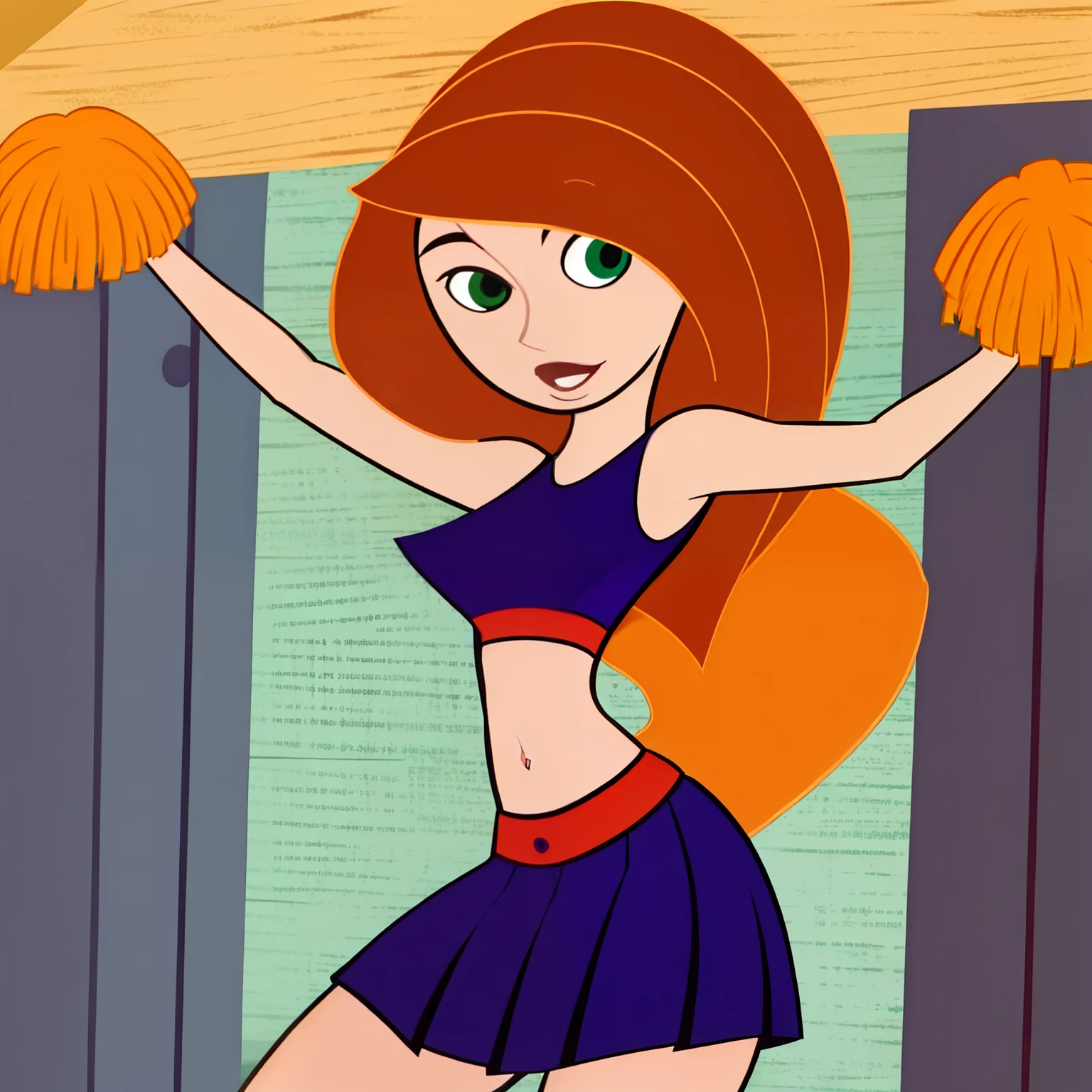 1girl, bare arms, bare shoulders, breasts, cheerleader, green eyes, highres, indoors, kim possible, kimberly ann possible, knee up, locker, locker room, long hair, midriff, miniskirt, navel, oira wa arumajiro, orange hair, pleated skirt, pom pom (cheerleading), sitting, skirt, small breasts, solo huge breasts