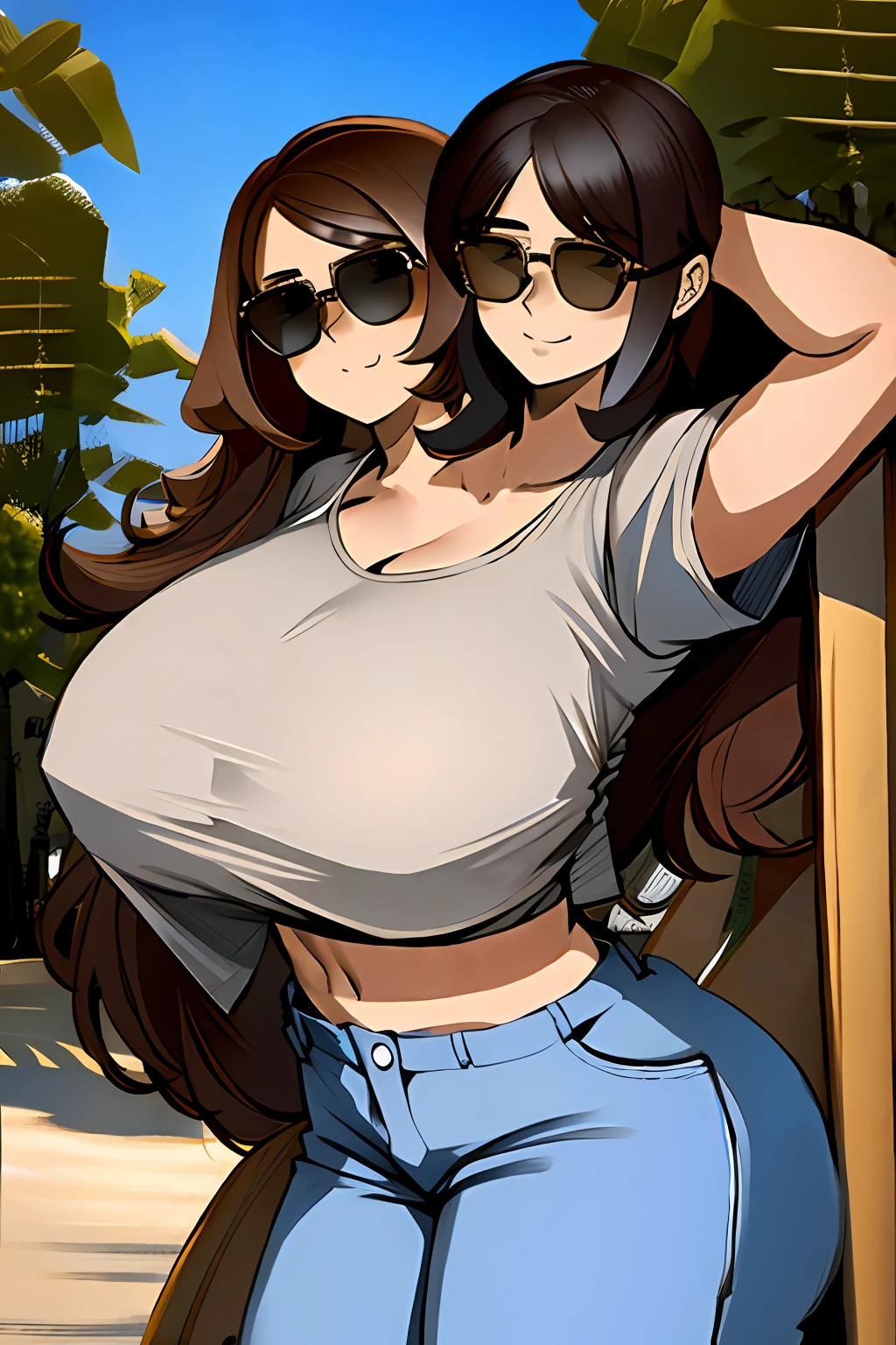 2heads, a short fat woman with 2 heads. She has extremely huge breasts. She is outside in a park on a sunny day. She is wearing a pink crop top and jean short. She has straight long brown hair. She is wearing sunglasses. She has gigantic breasts. She is extremely short. She is extremely fat. She is touching her breasts. She is flaunting her gigantic breasts. She is fat and short. Her breasts are gigantic.