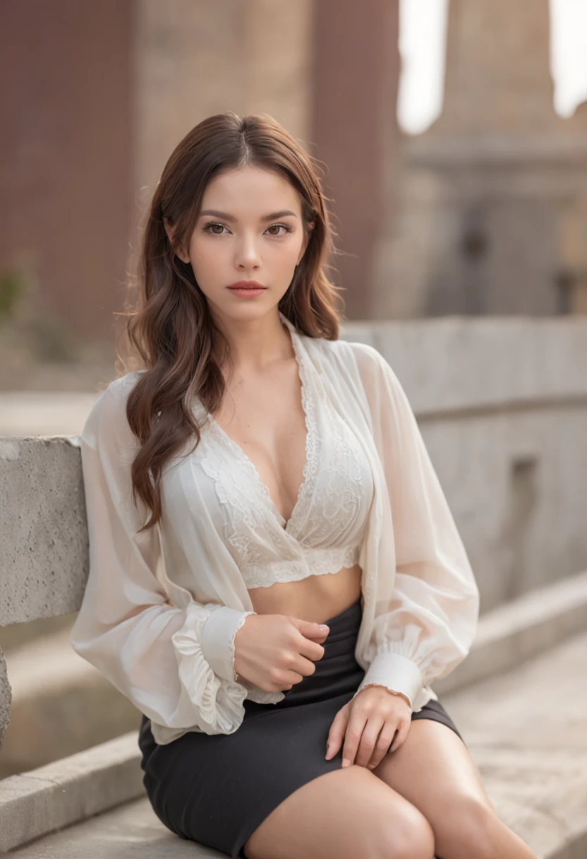 foto realista ultra detalhada em 8k, maximum definition, obra-prima, estudante incrivelmente linda, wearing a pleated miniskirt with an open-button blouse, com a lingerie discretamente aparecendo, showing off her athletic body and generous breasts while sitting.