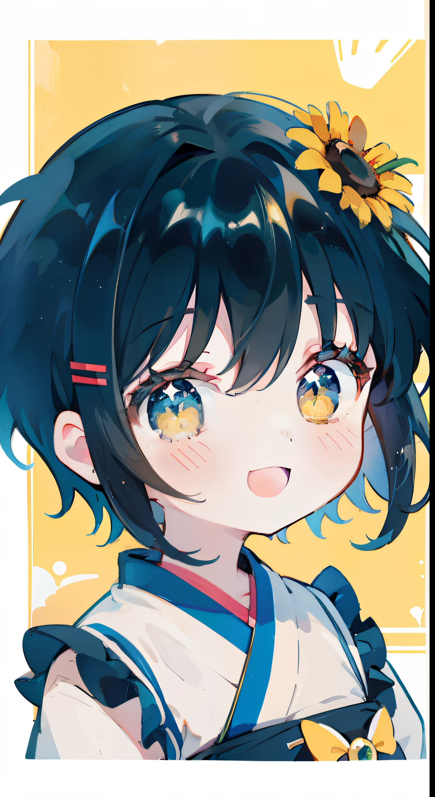 Chibi、masterpiece、top-quality、Top image quality、Cheerful smile、A dark-haired、short-cut、suns、himawari、