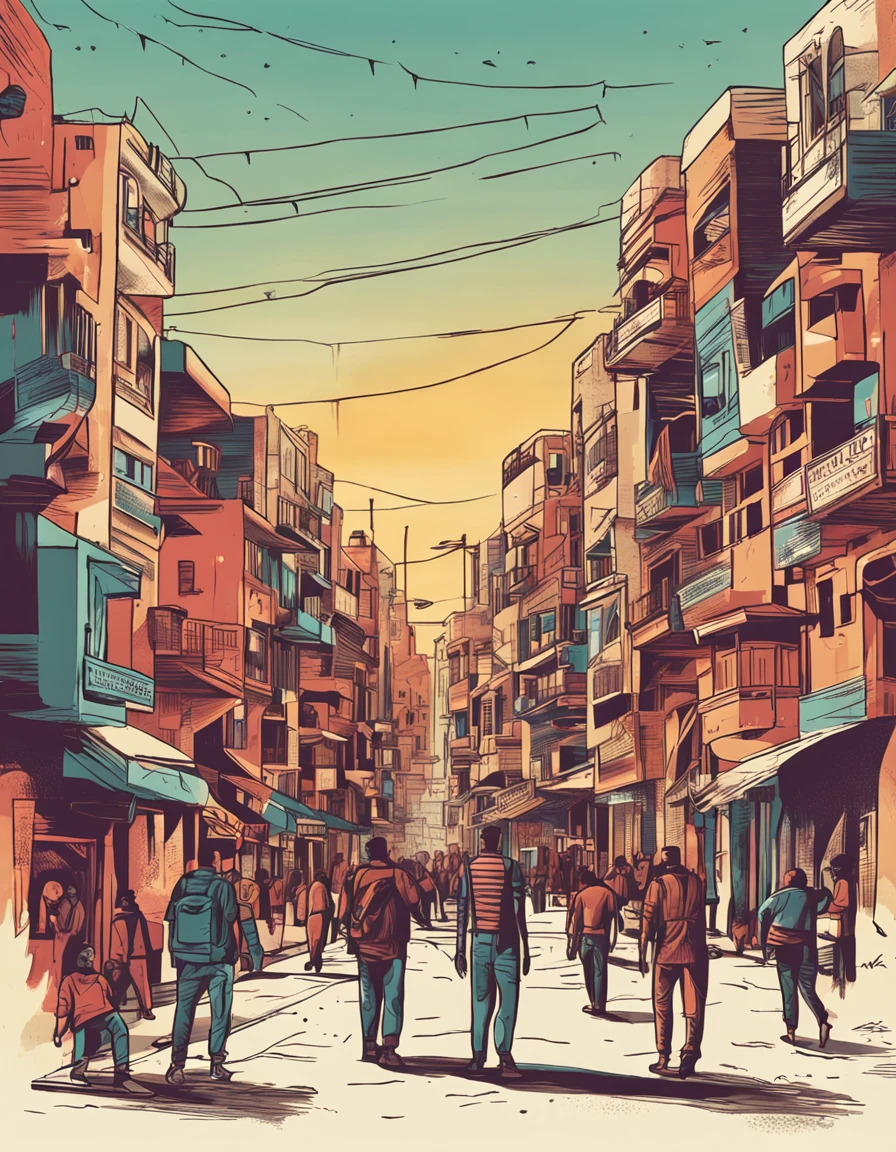 Palestine city with people looking up and the sky shining