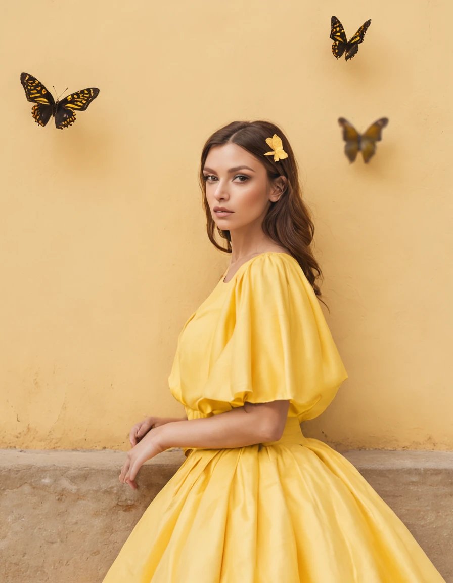 araffe woman in yellow dress standing in front of a wall with butterflies, a portrait inspired by national geographic, pexels contest winner, street art, yellow butterflies, butterflies, yellow clothes, butterfly, fine art fashion photography, harmony of butterfly, butterflies in the foreground, on a yellow canva, full shot fashion photography, shades of yellow, karla ortiz