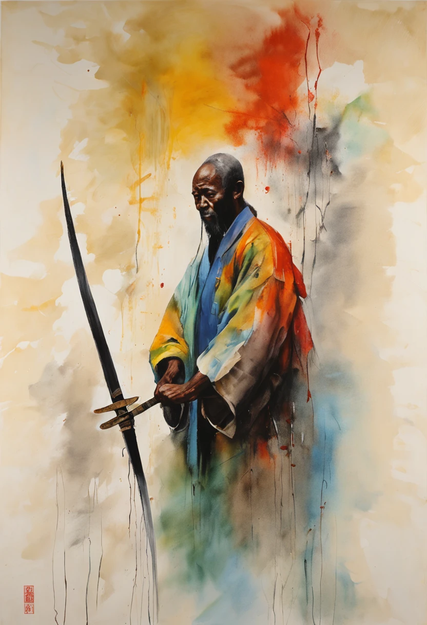 Style encre de Chine，encre，Tache，Young Taoist，A hand holds a sword behind him，The point of the sword requested，Devenir un immortel，Fairy Wind Bones Route，Background of the Tai Chi totem，cheveux longs et fluides，Robe large，8k，super-fin