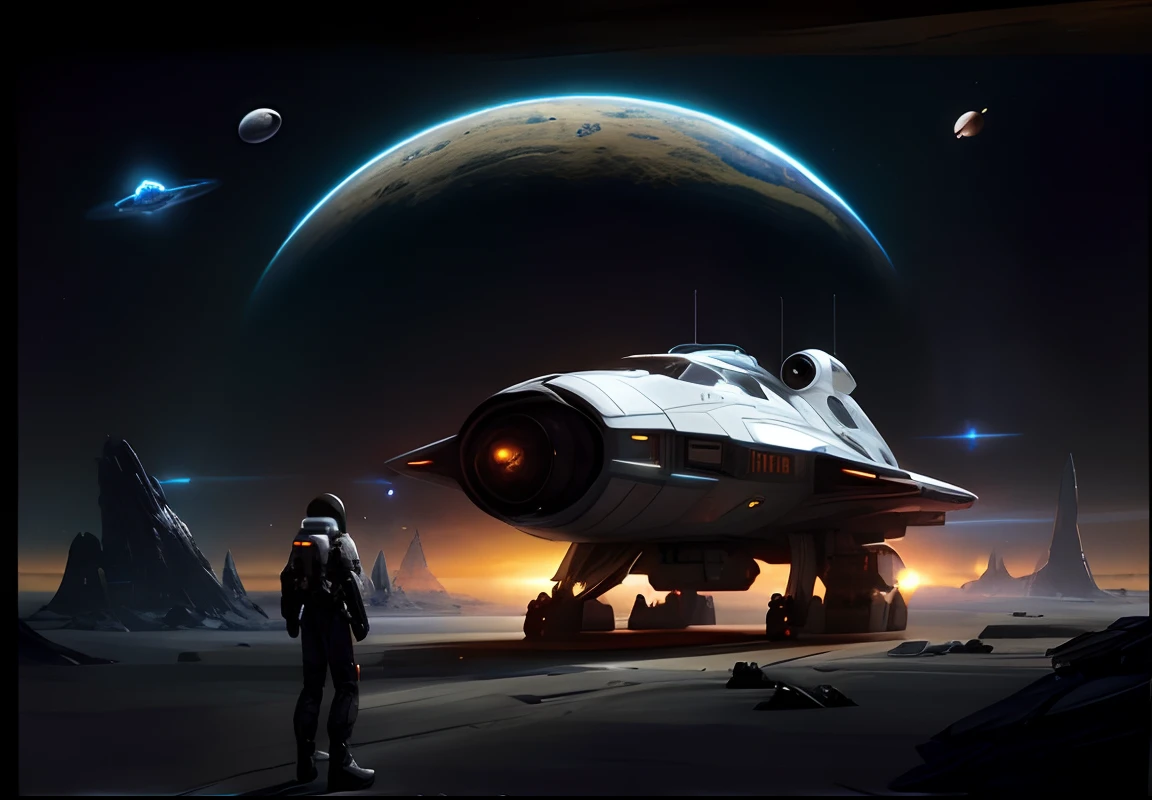 nave espacial em um planeta com um homem parado na frente dele, star citizen digital art, sci-fi space game art, star citizen concept art, arte sci fi, Citizen Star, Space Sci - Fi, arte scifi premiada, science fiction art, sci - fi arte, arte sci fi, Jessica Rossier Arte de fantasia, space opera and dystopian style