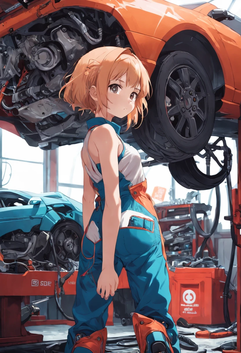 A masterpiece Mechanic girl fixing a car, perfect body, perfect head, wearing a mechanic's overalls, HD