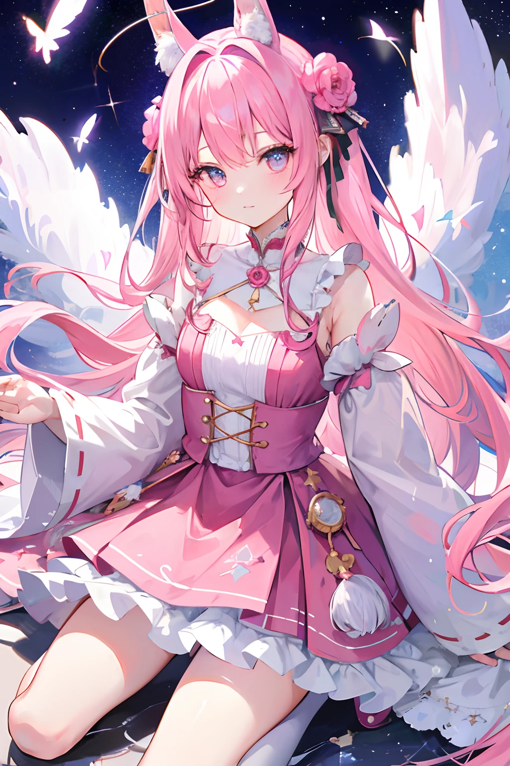 Girl vs、独奏、Long hair is loose and fluffy、rabbitears，A pink-haired、double tails、Flower garden、There are a lot of stars in the background、high-level image quality、Pink antique costumes，、Pretty girl、Big eyes like a puppy、Uluru's eyes、Her eyes sparkled、dynamicposes、