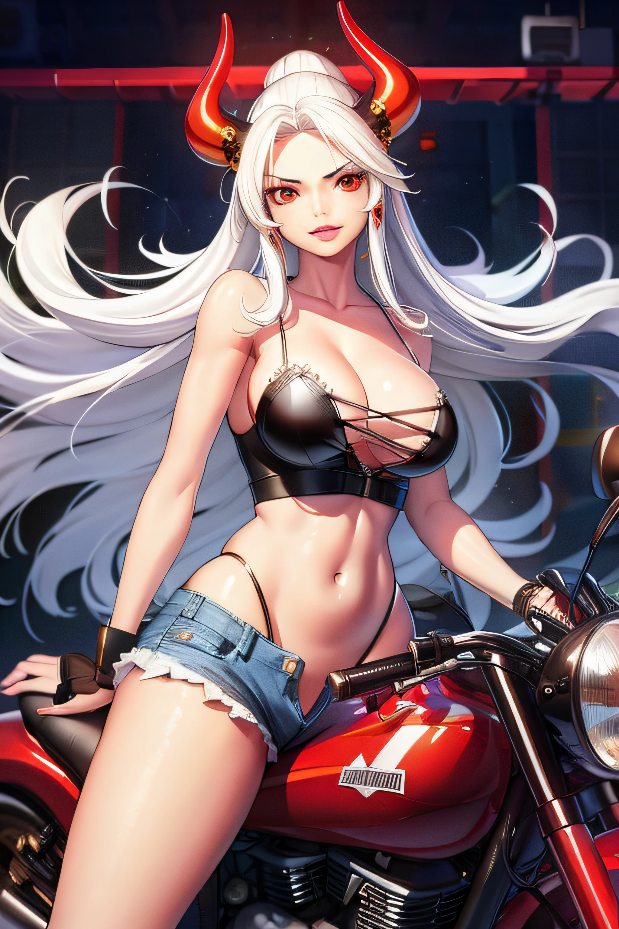 1girl, long white hair, red eyes, innocent, starry night, city lights, looking at viewer, kind face, high res, masterpiece, riding a motorcycle