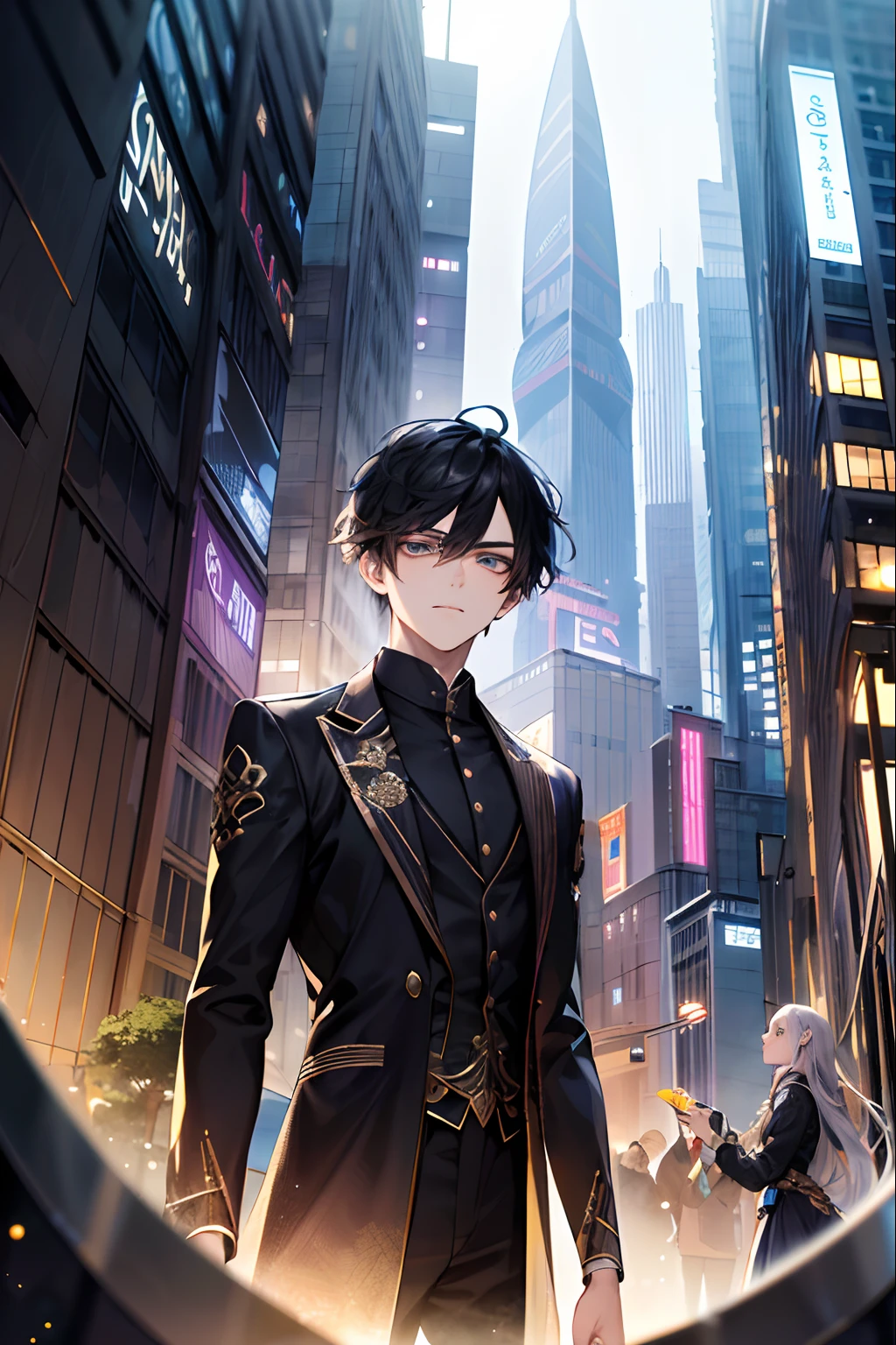 In the vibrant setting of a modern fantasy city, A 24-year-old is presented with a presence that evokes a combination of youth and maturity. Su cabello corto de color negro enmarca un rostro experimentado y reflexivo, mientras que sus ojos grises reflejan una profundidad de pensamiento. Viste una camisa blanca que le otorga un aire de elegancia y serenidad, mientras que su traje negro fluye como una capa larga, adornada con detalles dorados que destellan con la luz de la ciudad. En un plano medio, Your character looks toward the viewer with an expression that captures their determination and a touch of mystery.. En el fondo, The modern city comes alive with futuristic skyscrapers and age-defining technology. In this scenario of wonders and challenges to discover, He personifies the fusion of youth and wisdom in a world full of opportunities..