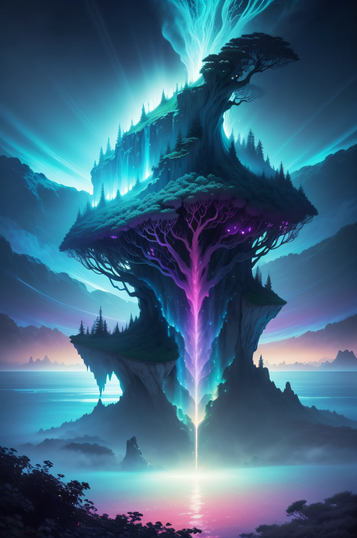 An ocean of colorful mist envelops a surreal landscape. Floating islands, covered in bioluminescent trees, float in the air. Creatures with iridescent wings flit between islands, leaving trails of glitter in the air.