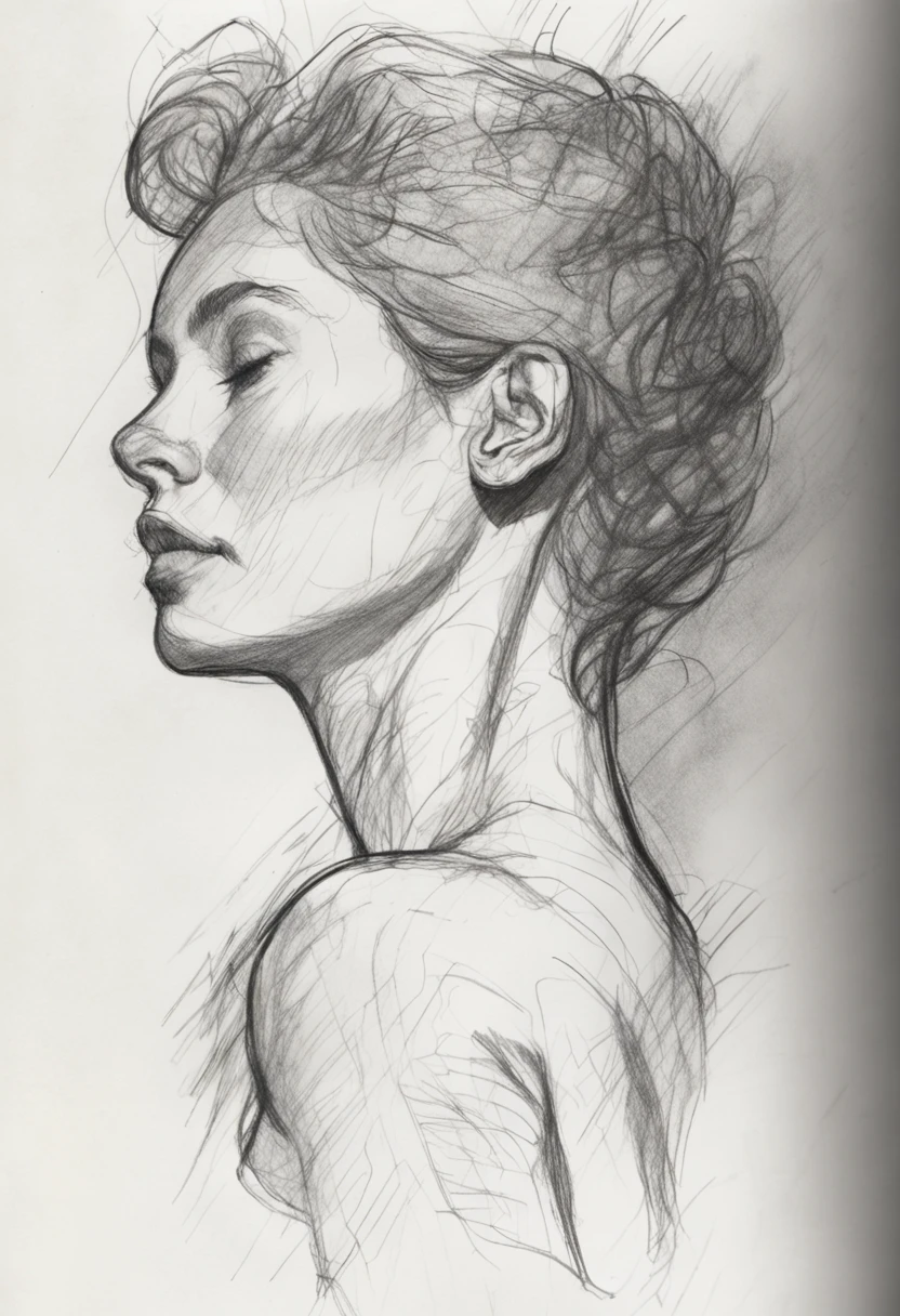 A delicate, graphite nude drawing showing the whole body of a beautiful seated naked woman, her features rendered in subtle shading and precise lines. The framing is wider, capturing her graceful posture and the elegant curve of her spine. Soft, feathery strokes convey the gentle texture of her hair, while the delicate line of her shoulders is emphasized by the pencil's softness. The overall mood is introspective, as if the woman is absorbed in quiet contemplation.