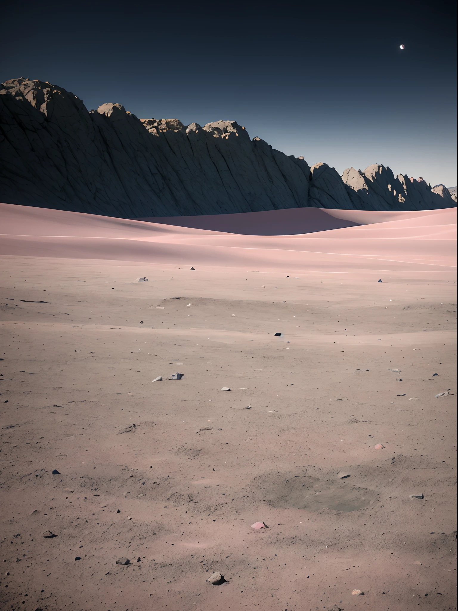 There are no characters，Gray ground，Pink fog，dust kicked up，steins，Cyan sky，Photographic works，Photorealistic and realistic，Lunar surface，There are some strange stones in the foreground，