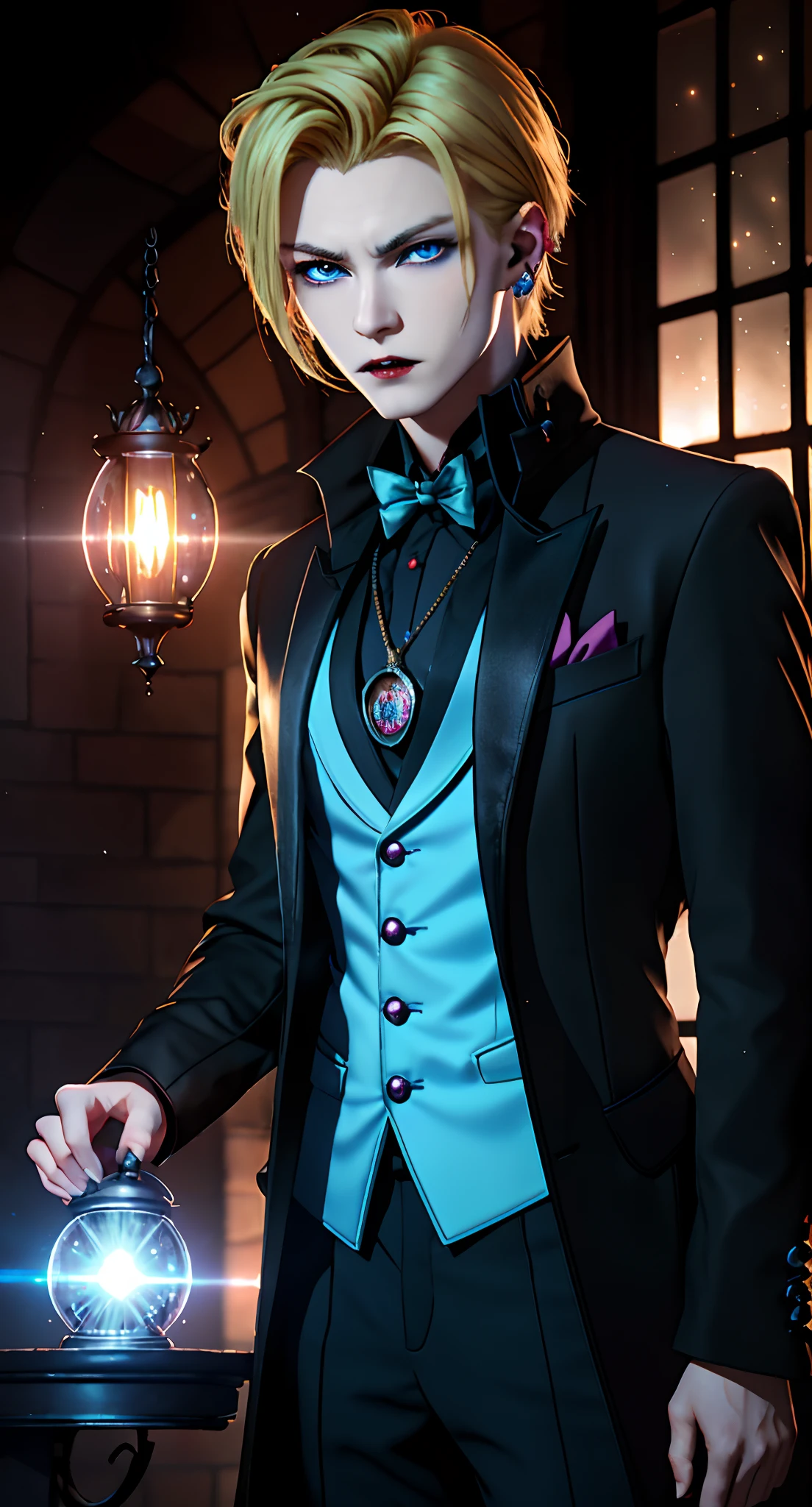masterpiece, top-quality, 2Others, 1male people,, Adults, Height difference, different color, finely eye and detailed face, intricate detailes, Black Wizarding World Costume, The Magical World of Darkness, A smile, Unhappy, solitude, youthfulness, high-level image quality、 beautiful man、tall、Diabolical, villainess, window、𝓡𝓸𝓶𝓪𝓷𝓽𝓲𝓬、British men, Idol Photos, k pop, Professional Photos, ((vampire)), Fedoman with necklace, inspired by Sim Sa-jeong, androgynous vampire, :9 detailed face: 8, extra detailed face, detailed punk hair, ((Light blue eyes)) baggy eyes, Seductive. Highly detailed, semi realistic anime, Vampires, hyperrealistic , delicate androgynous prince, imvu, short hair above the ears, Man with short hair, Glaring expression, Angry look, ((British man with short blonde hair and light blue eyes)), ((Darkness attribute))