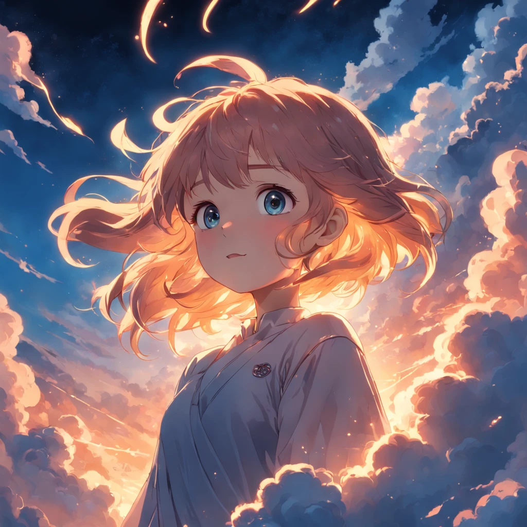 masterpiece, best quality, movie still, 1girl, cloud girl, floating in the sky, close-up, bright, happy, warm soft lighting, sunset, (sparks:0.7)