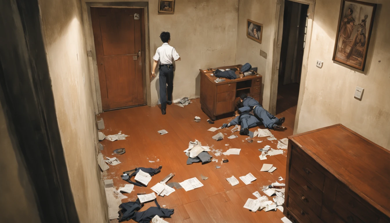 historyboard de uma cena de uma sala vasia com varios papeis colados em um quadro na parede sobre o caso varginha em 1996, And as the camera pans away from the frame we can see a man fleeing in a hurry placing various objects of his investigation in it and soon after the police breaking down the door, o homem foge por um tunel antigo a baixo da casa e os policiais frustrados encontram apenas vestijios de que ele esteve no local