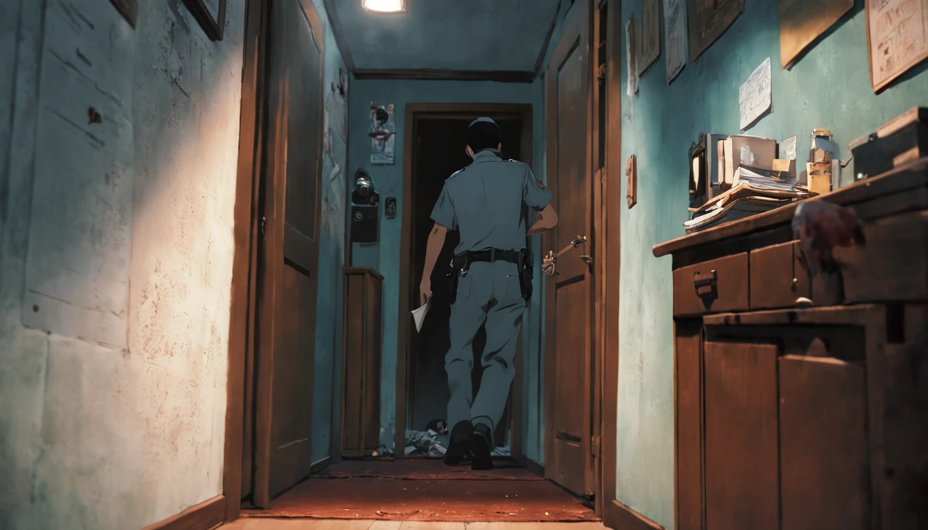 historyboard de uma cena de uma sala vasia com varios papeis colados em um quadro na parede sobre o caso varginha em 1996, And as the camera pans away from the frame we can see a man fleeing in a hurry placing various objects of his investigation in it and soon after the police breaking down the door, o homem foge por um tunel antigo a baixo da casa e os policiais frustrados encontram apenas vestijios de que ele esteve no local