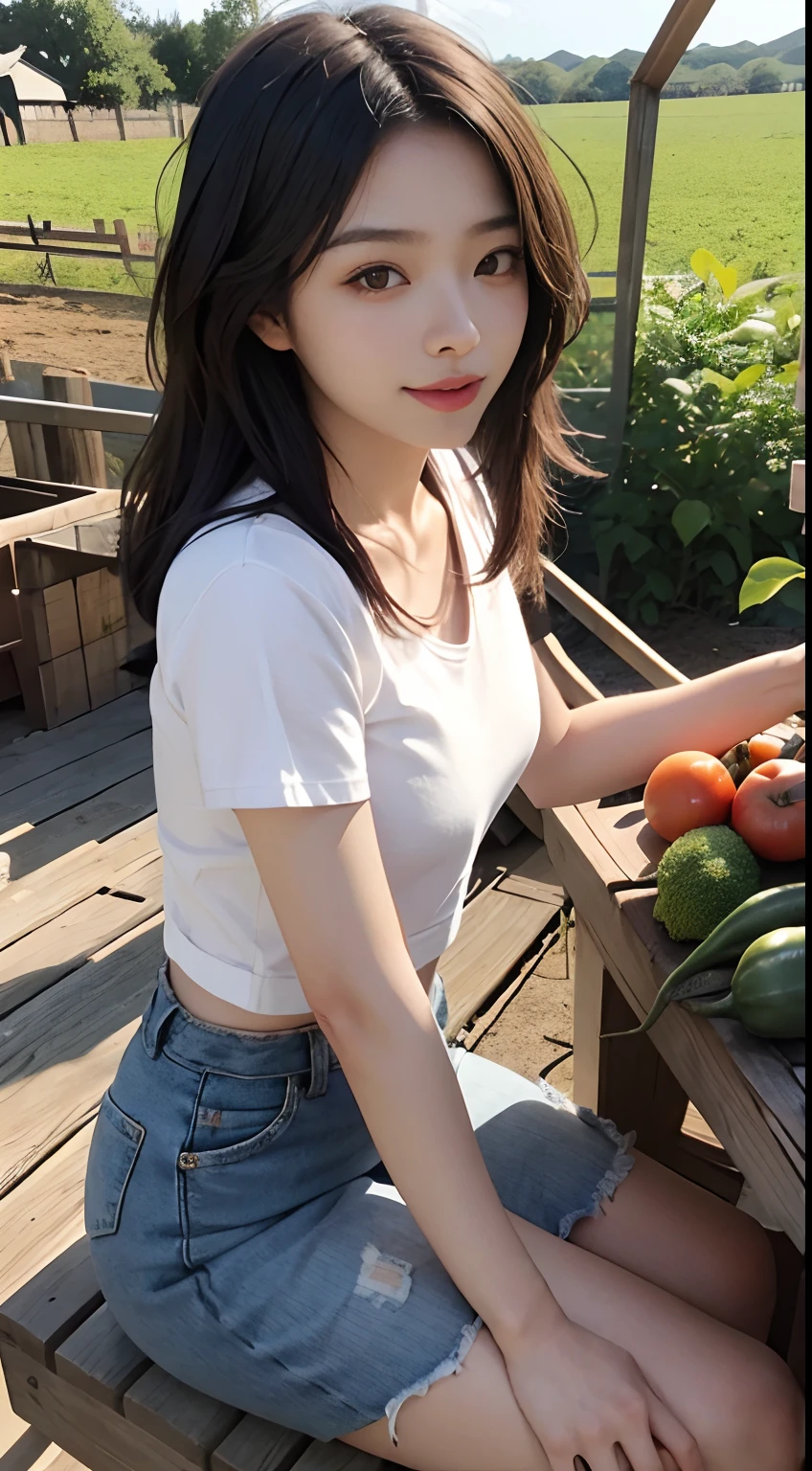 Japonesa a 21 anos, seios pequenos, olhos sensual sorrindo bonito, olhar frontal, cabelo curto, Planting vegetables, alface, farm, rural, Campo rural, cenoura, couve, pepino, arroz, Beanstalk, batata, milho, tomate, shorts curto, calcinha branca