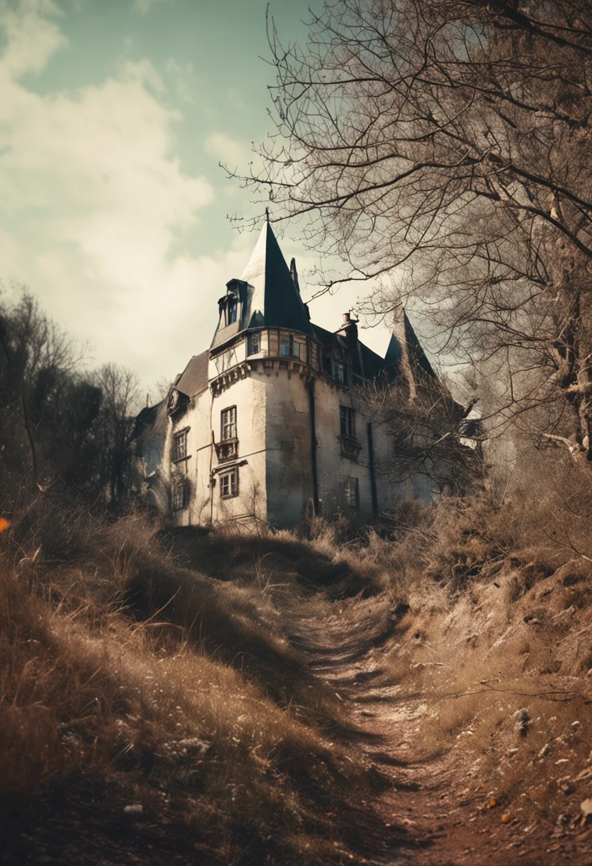 castle, Faits saillants naturels, couleurs vives, Realistic wide angle, Environnement mystique, realistic textures, realistic shading, centered, inked lines and watercolor, UHD, photo, 8k resolution, Sombre, Action dynamique, pale faded style, camera Holga, retrô, nostalgic dreamer, Flou, Vignettage, light leaks, Medium photography, Dark ethereal pictorial artistic, fantasque, beaucoup de nuages de couleur