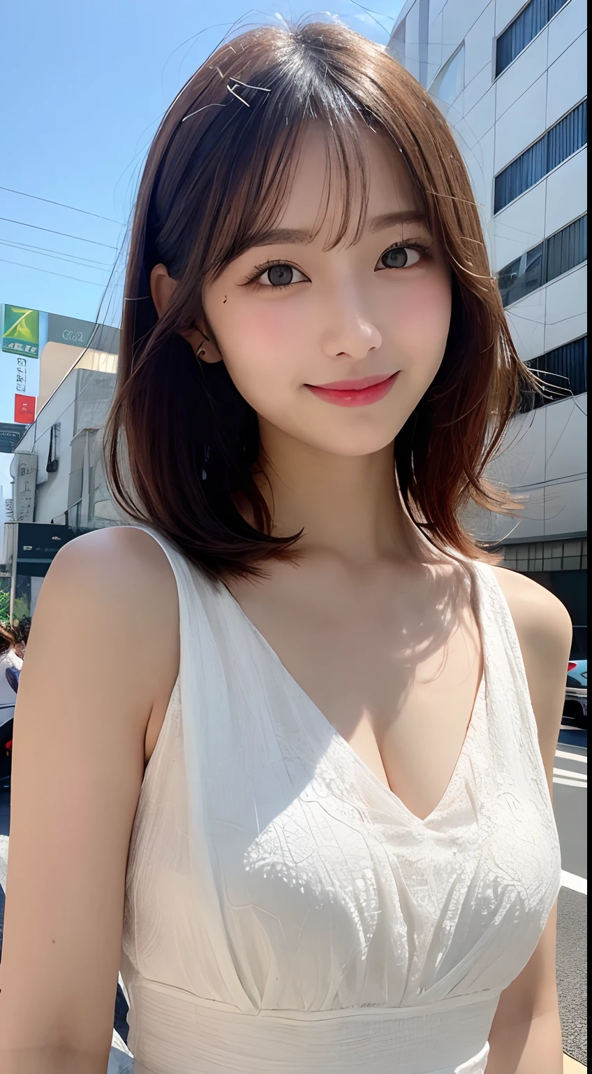 masutepiece, Best Quality, Illustration, Ultra-detailed, finely detail, hight resolution, 8K Wallpaper, Perfect dynamic composition, Beautiful detailed eyes, summer dress,Bob Hair, mid-chest, Natural Color Lip, Bold sexy poses,Smile,Minato-ku, tokyo prefecture、20 years girl