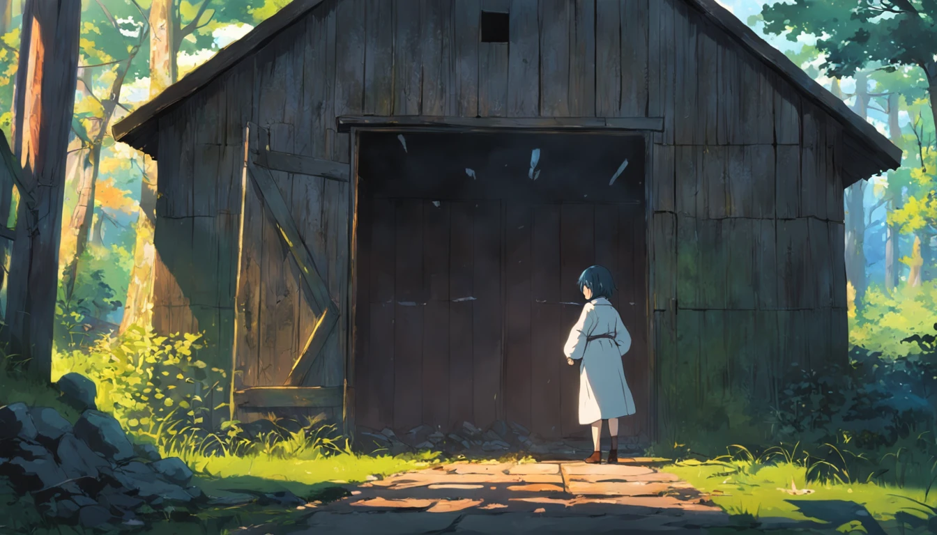 Historyboard of an abandoned shed with a scientist trying to open an interdictory portal,